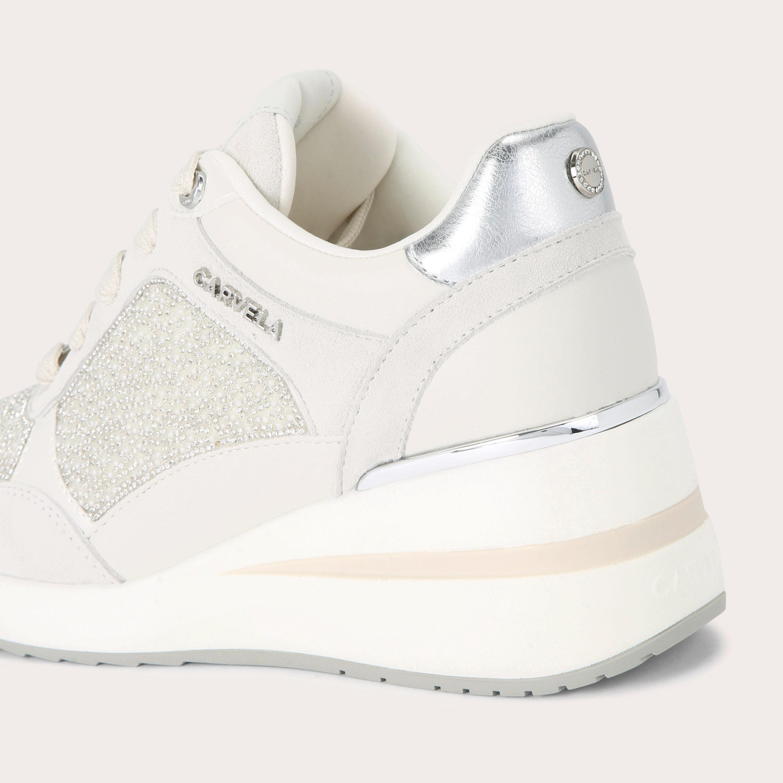 Carvela High Rise Pearl — White Leather Alternative Trainer, view 4