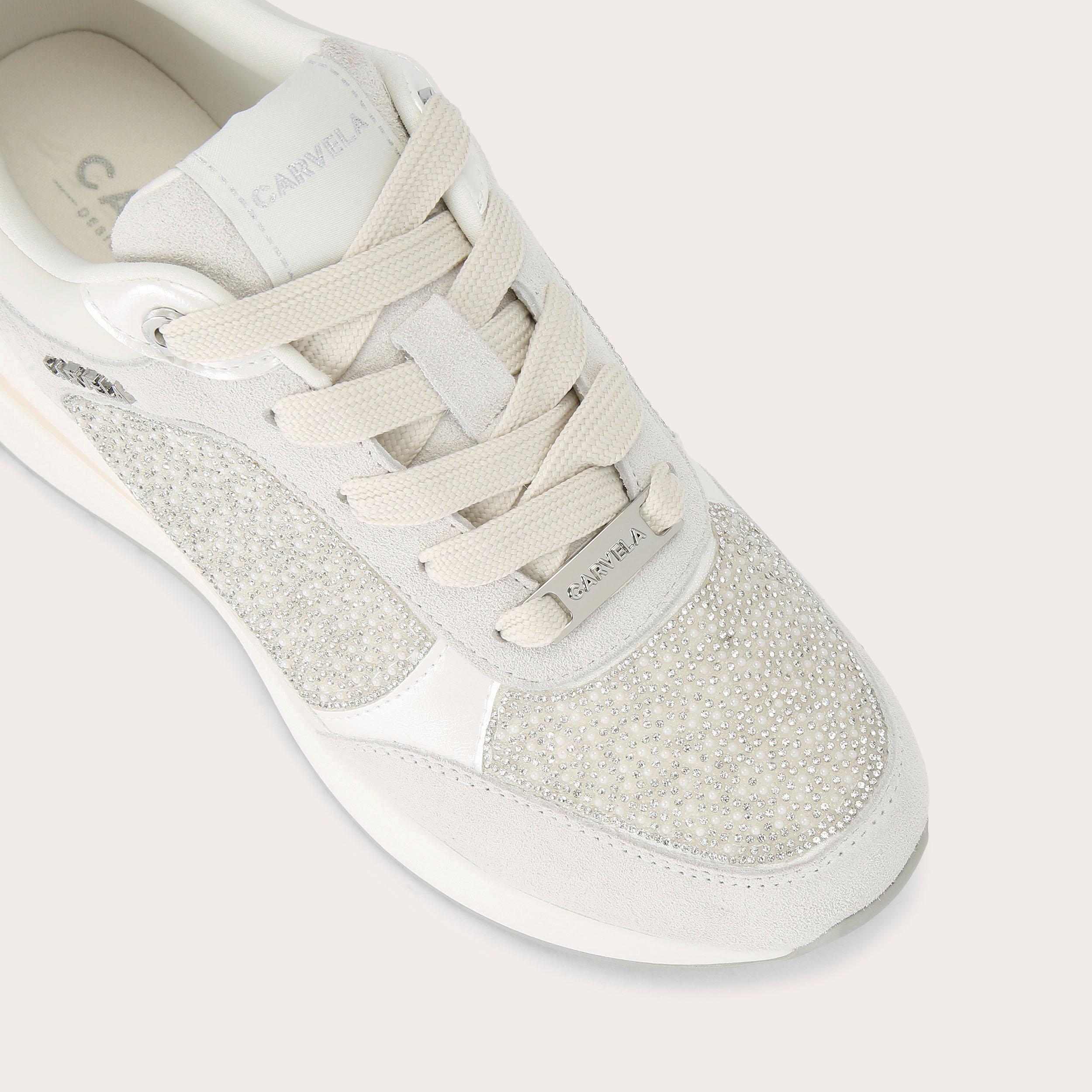 Carvela High Rise Pearl — White Leather Alternative Trainer, view 5