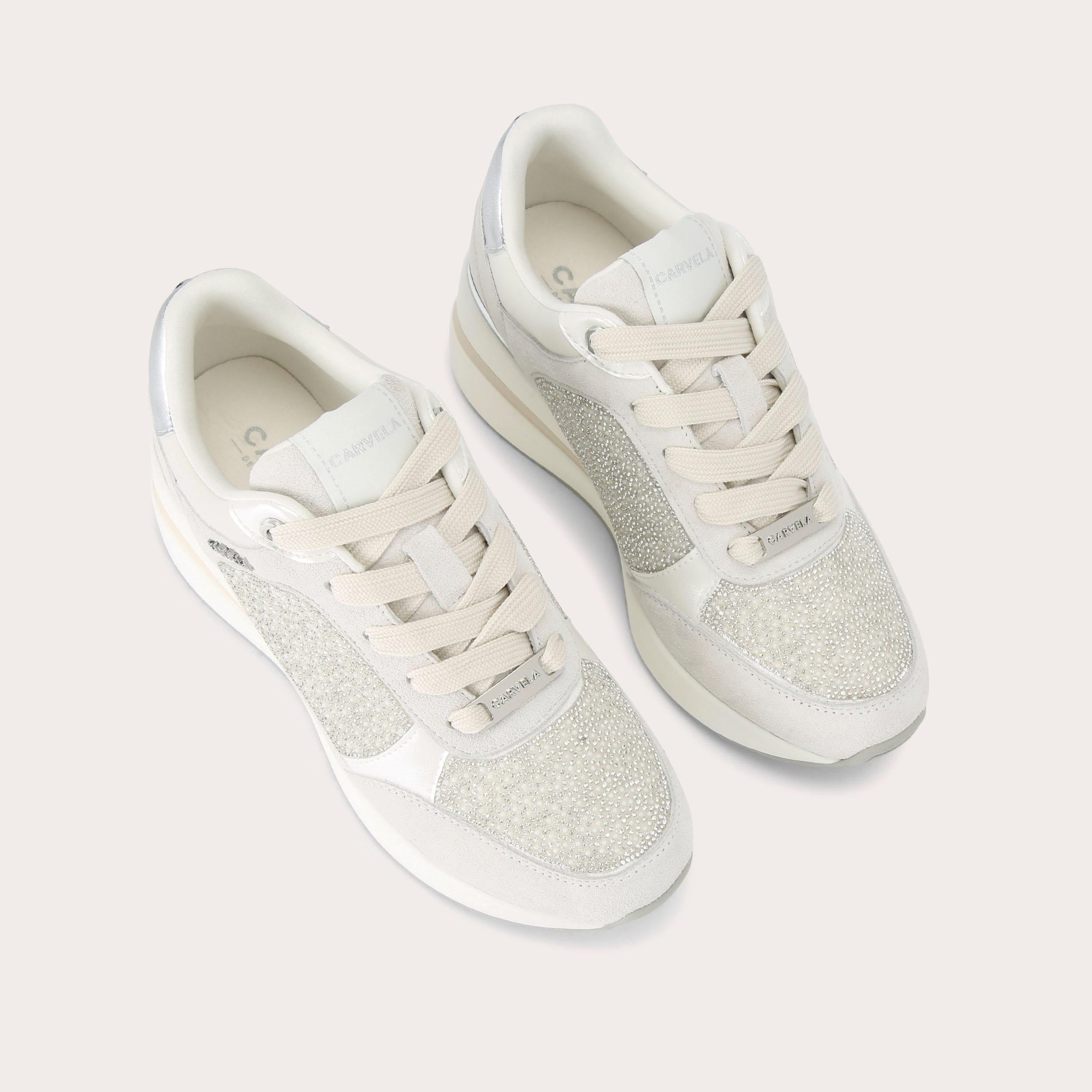 Carvela High Rise Pearl — White Leather Alternative Trainer, view 3