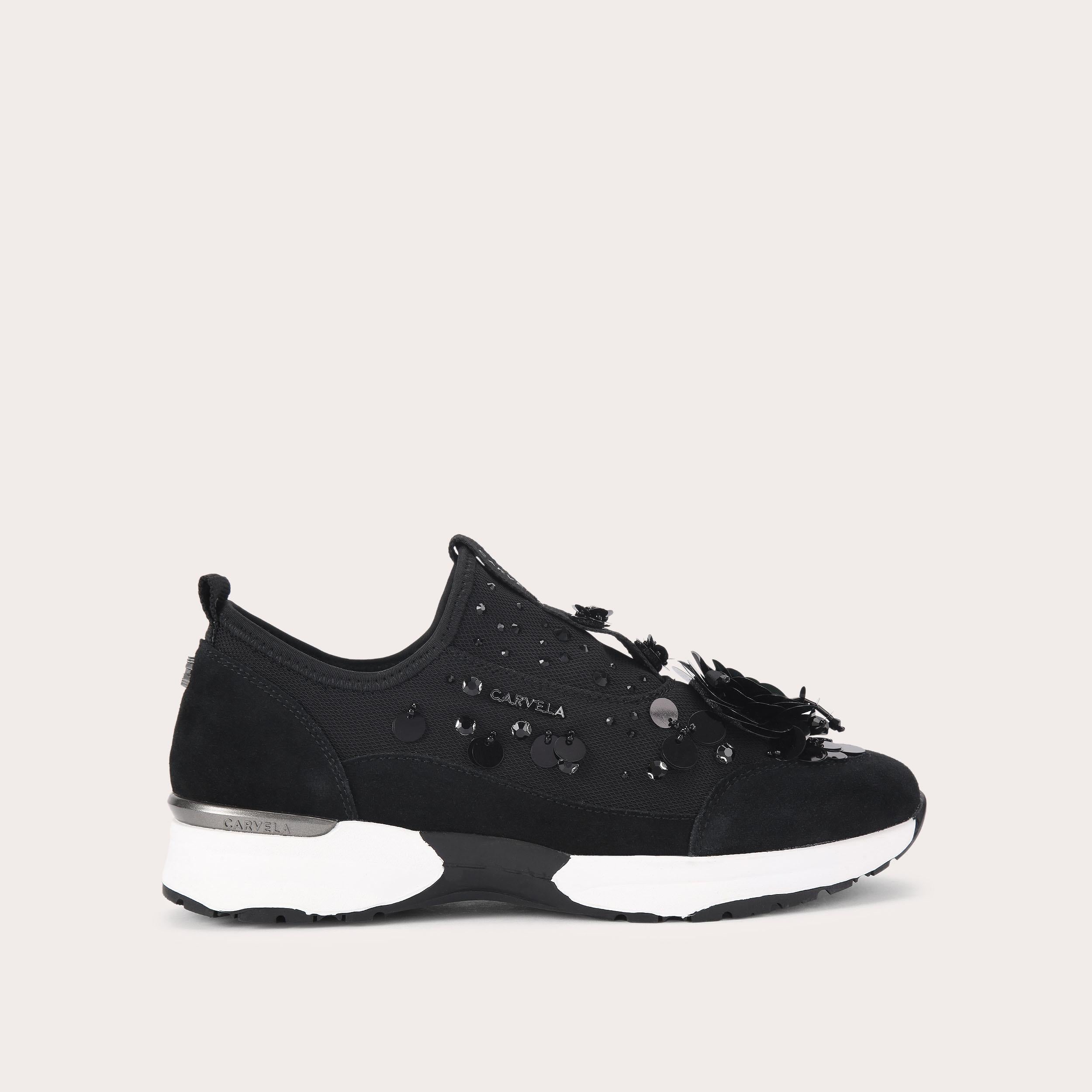 Carvela Tempo Flower — Black Fabric Trainer, view 2