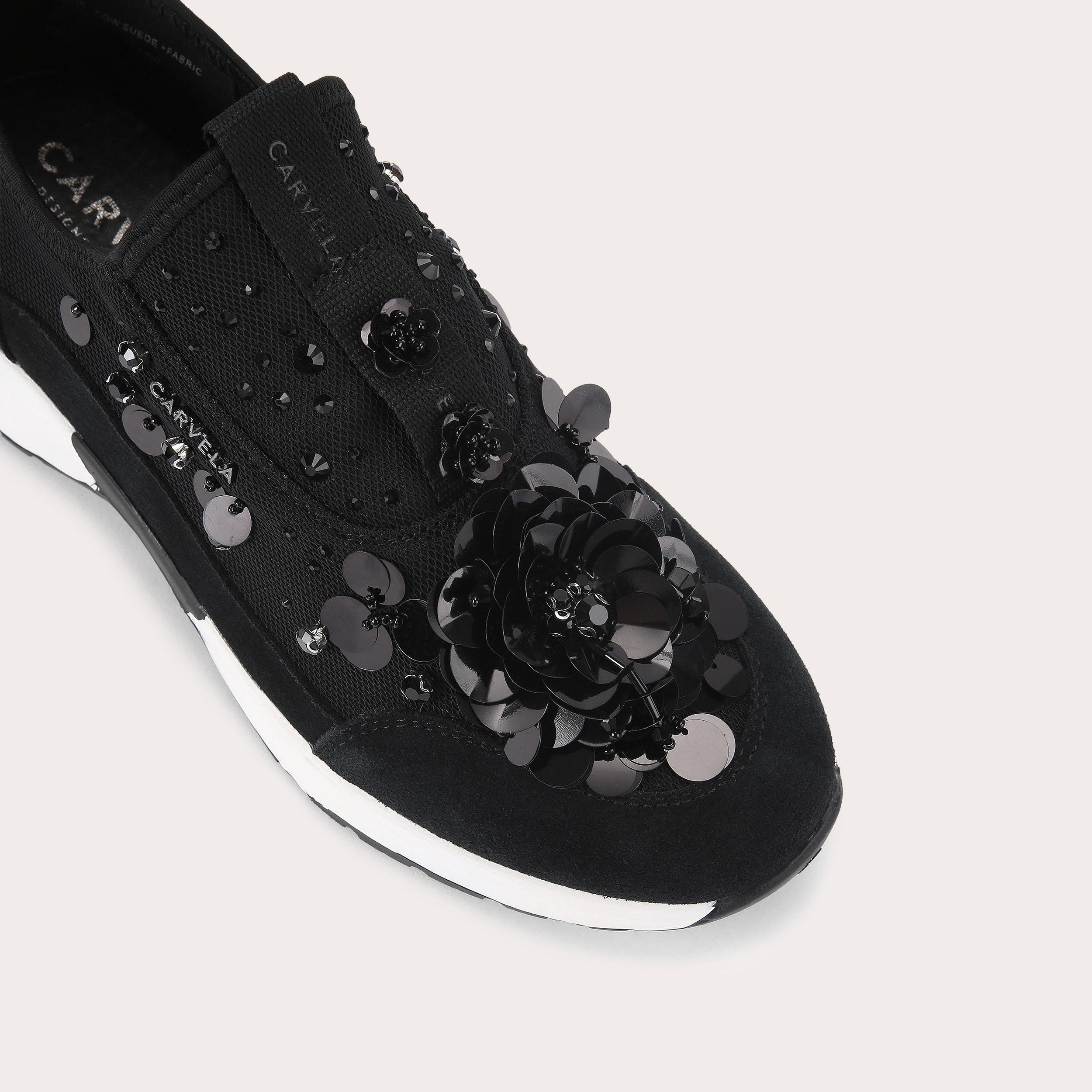 Carvela Tempo Flower — Black Fabric Trainer, view 5