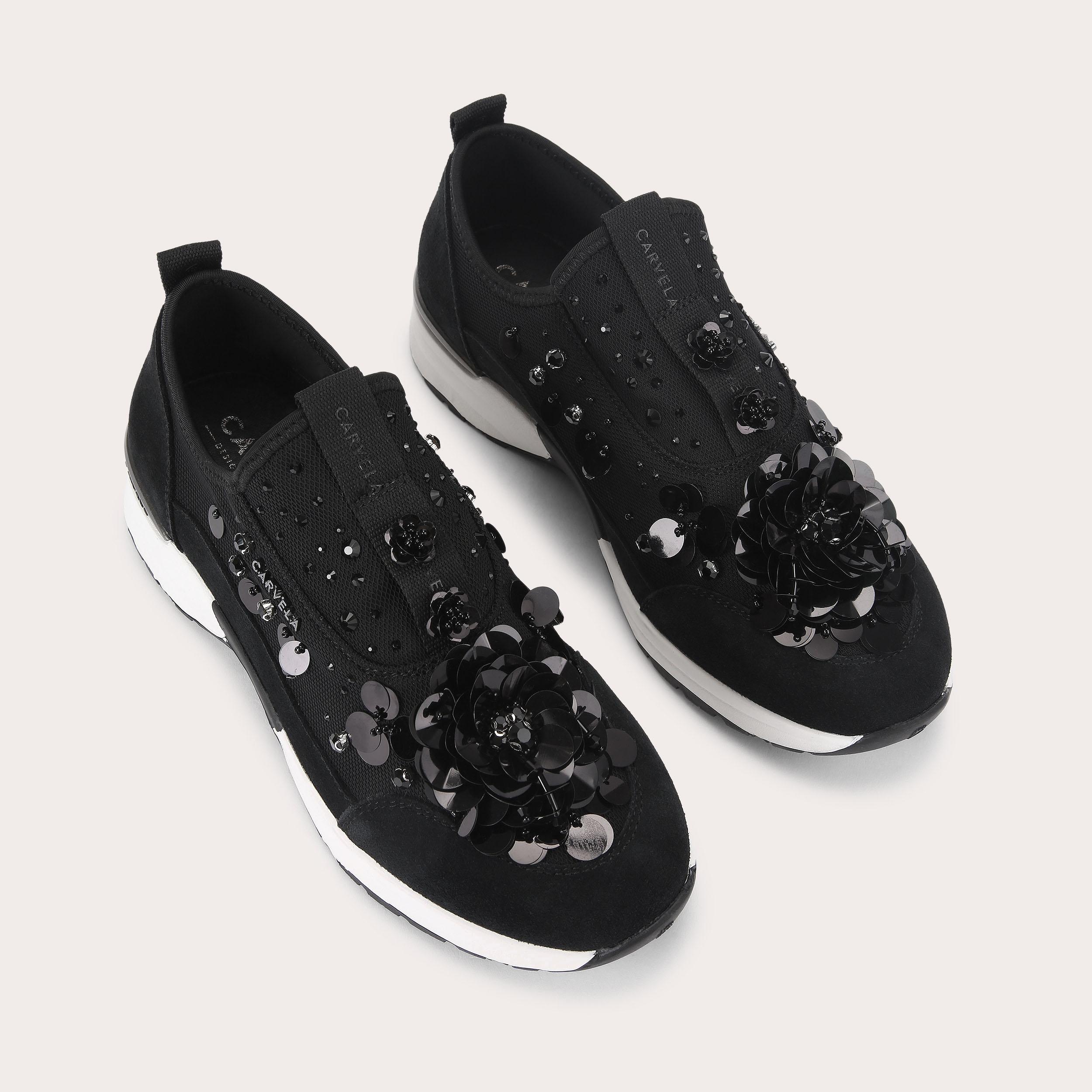 Carvela Tempo Flower — Black Fabric Trainer, view 3
