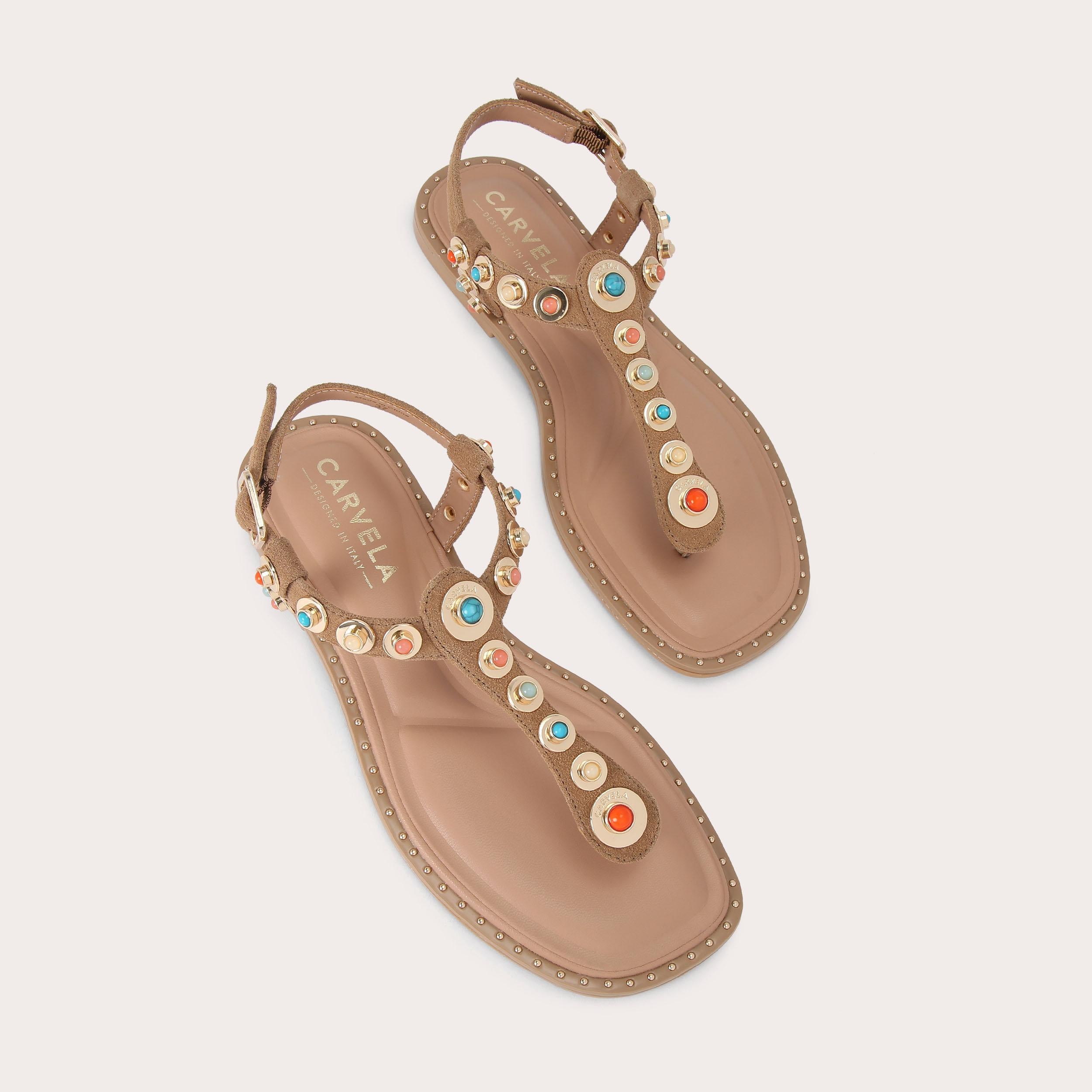 Amalfi T-Bar — Camel Suede Flat Sandal, view 4