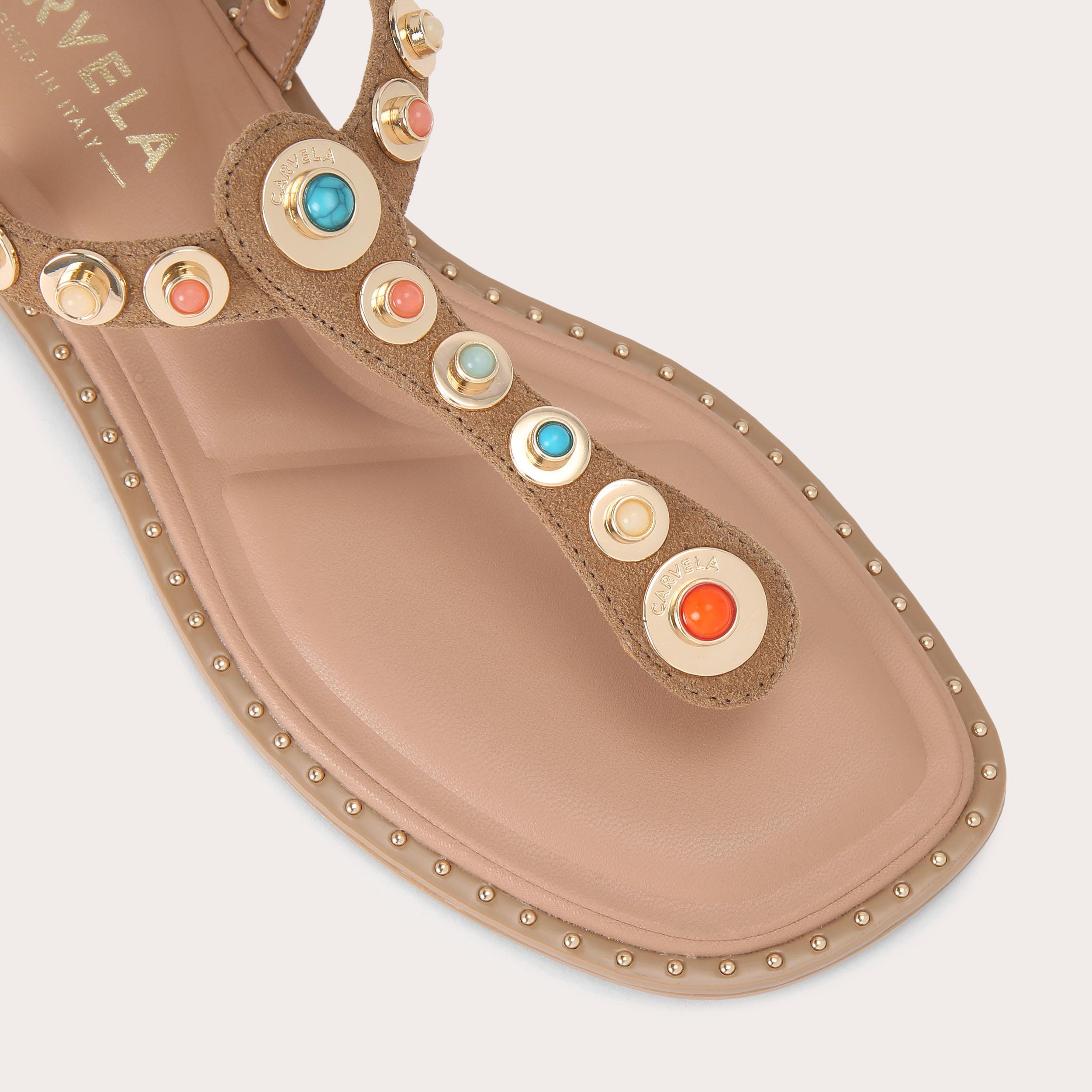 Amalfi T-Bar — Camel Suede Flat Sandal, view 5