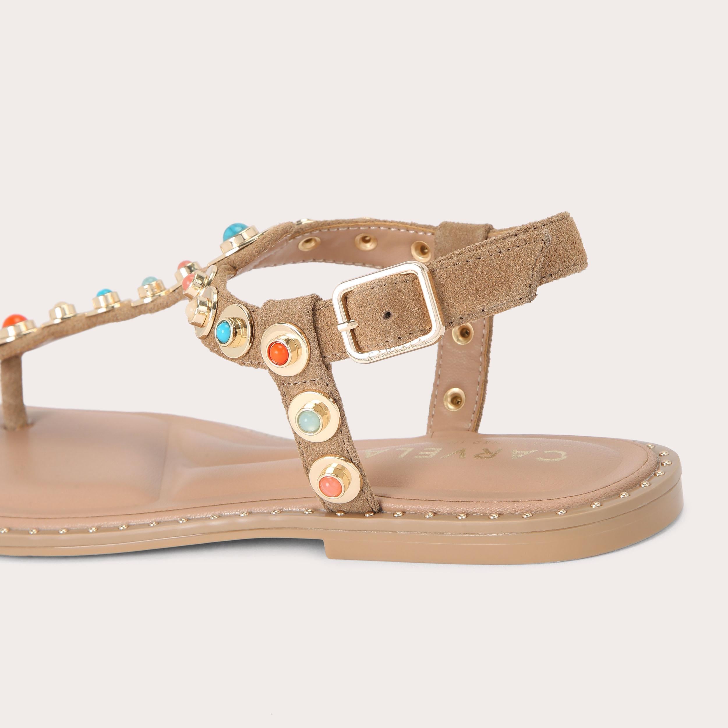Amalfi T-Bar — Camel Suede Flat Sandal, detail