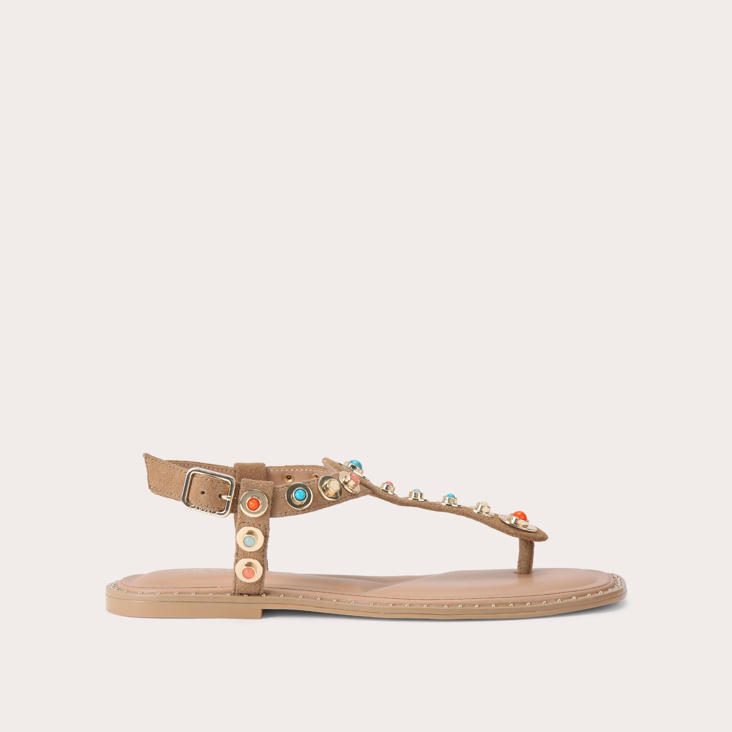 Amalfi T-Bar — Camel Suede Flat Sandal, side profile