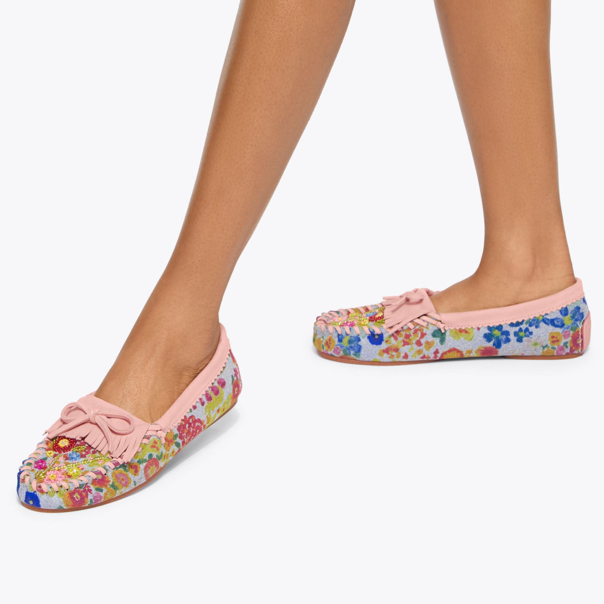 Beaded Moccasin — Blue Pale Combination Denim Loafer, worn on foot