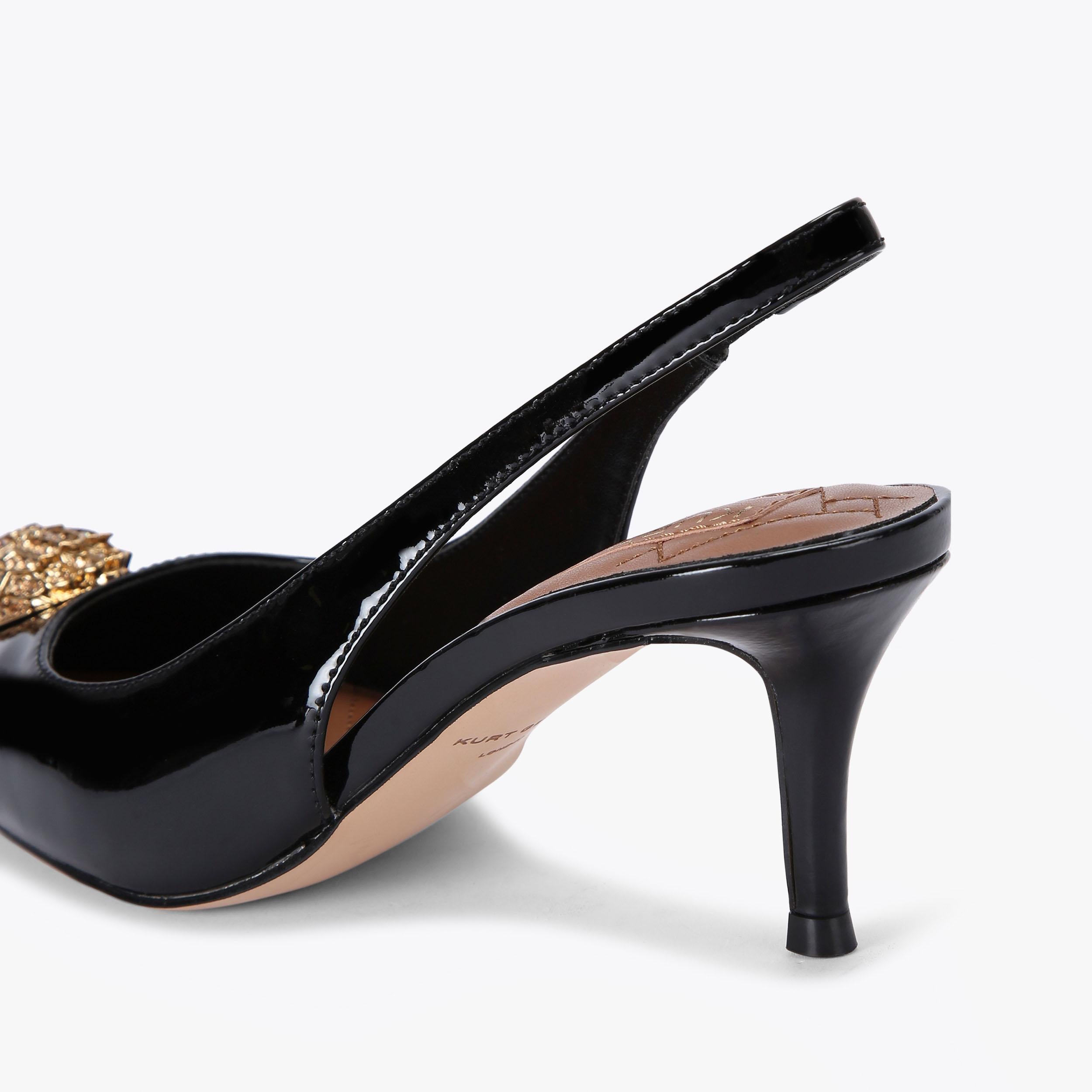 Belgravia Sling Back — Black Patent Crystal Heel, detail