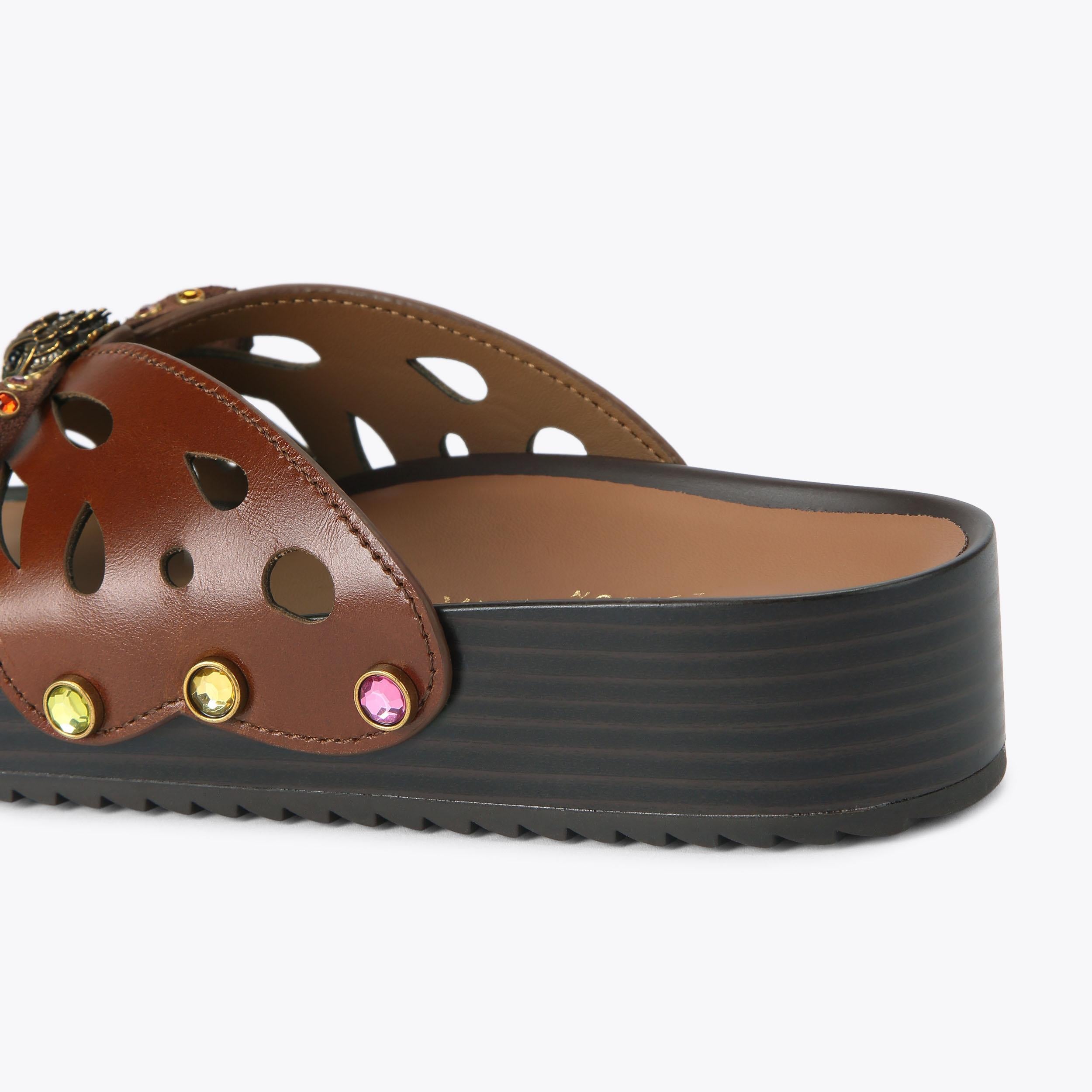 Boho Butterfly Flat — Brown Leather Crystal Sandal, detail