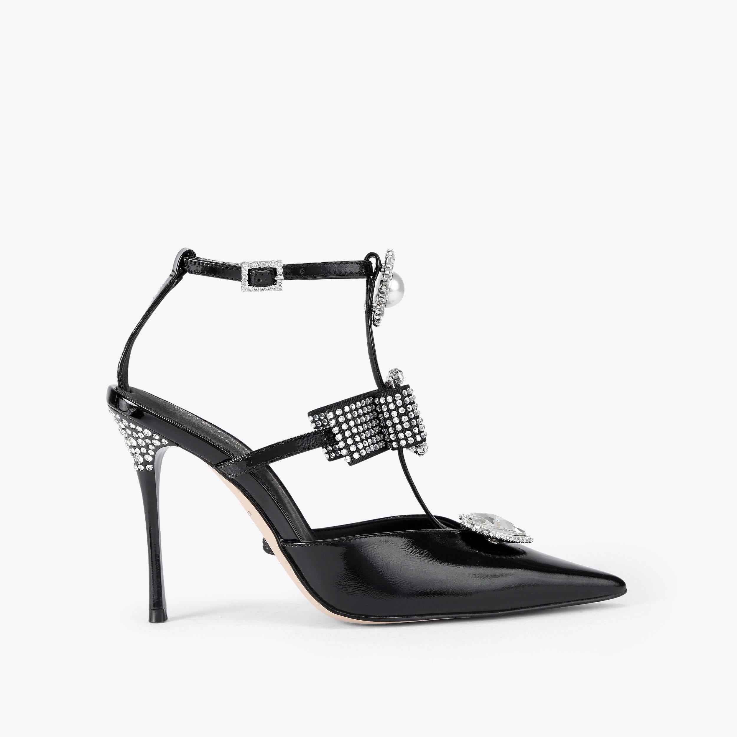 Bow Point Gladiator Court — Black Patent Crystal Court, side profile