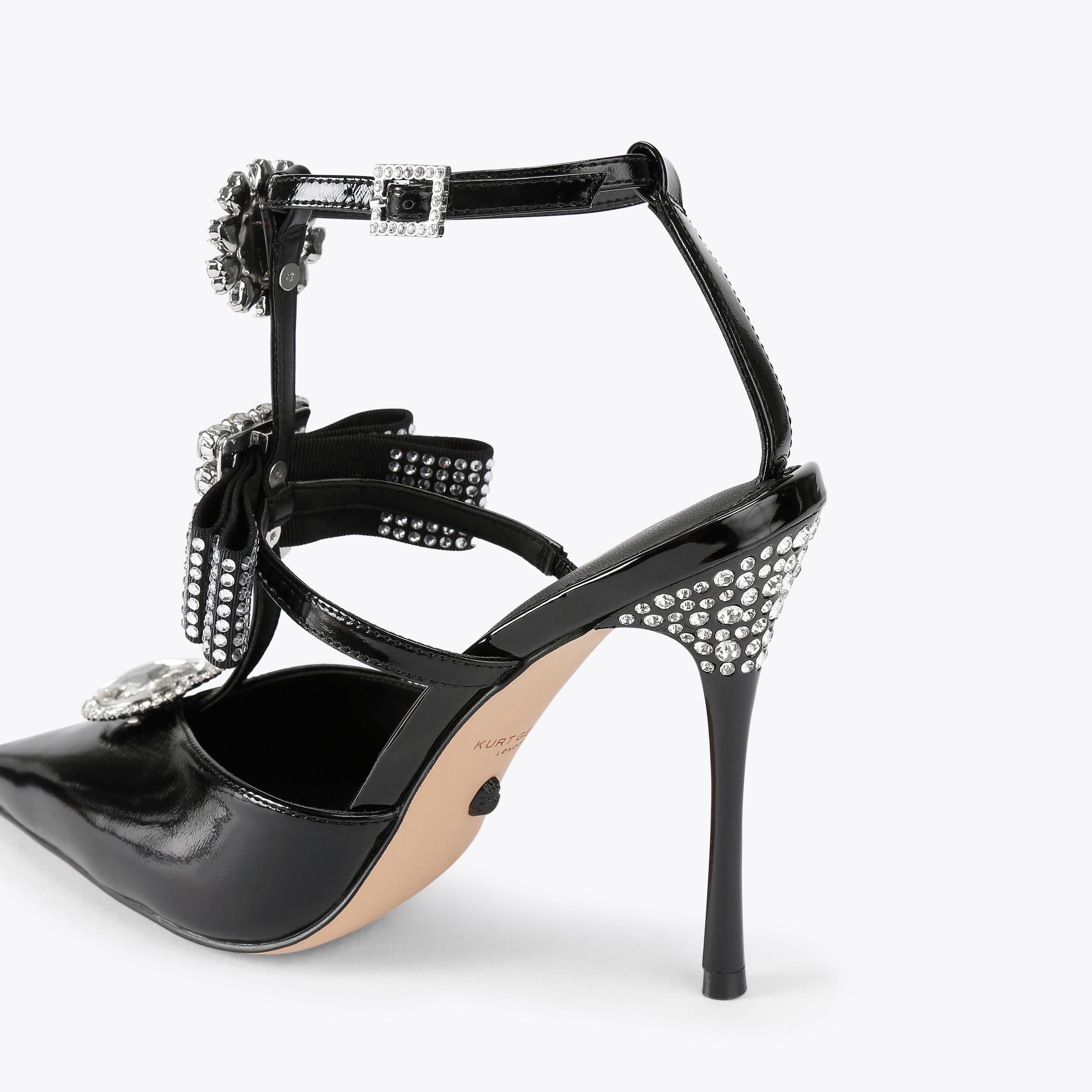 Bow Point Gladiator Court — Black Patent Crystal Court, detail