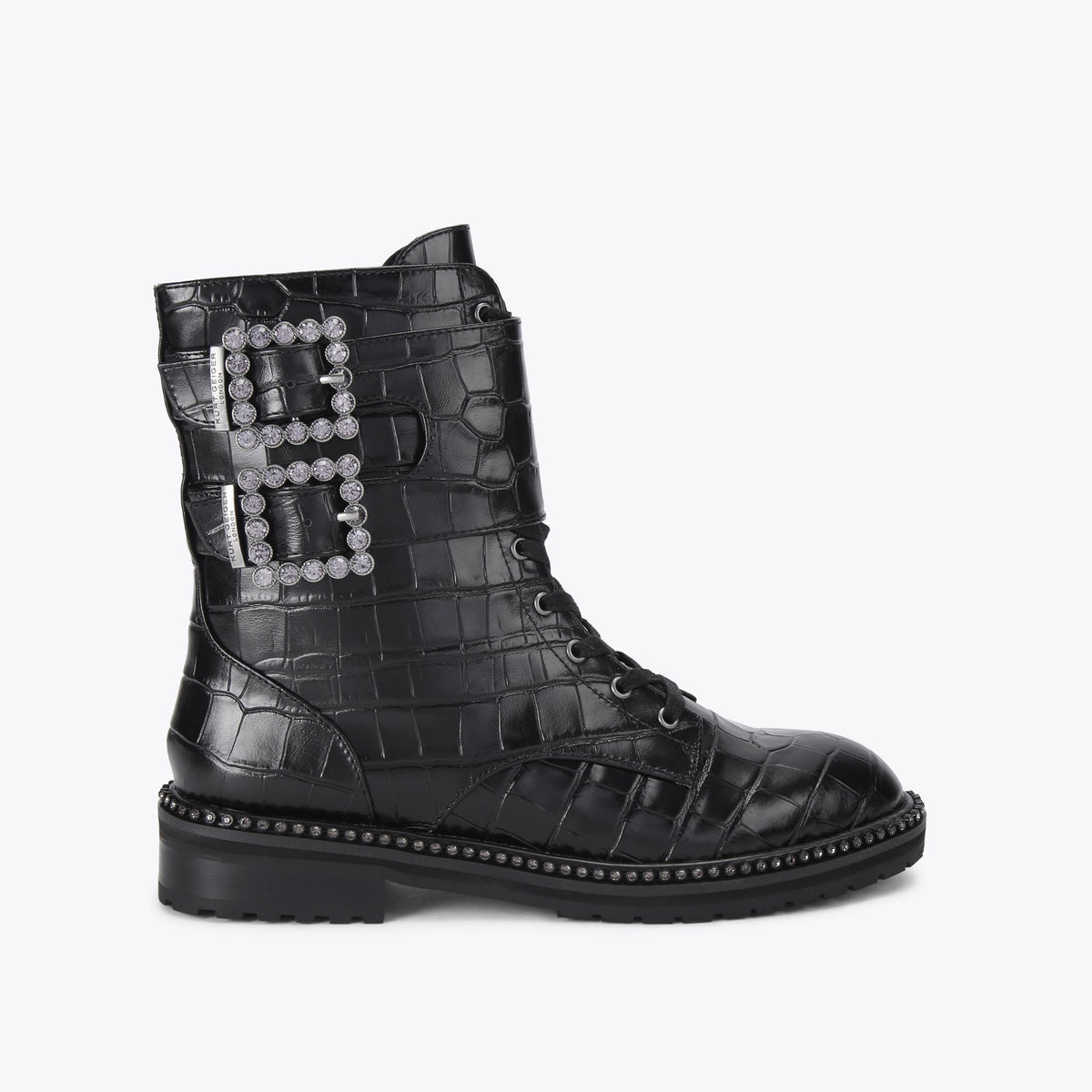 Brixton Buckle — Black Croc Print Ankle Boot, side profile