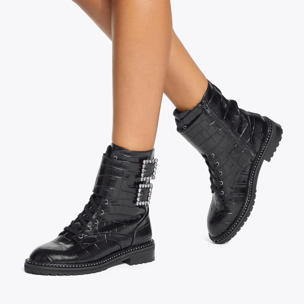 Brixton Buckle — Black Croc Print Ankle Boot, worn on foot