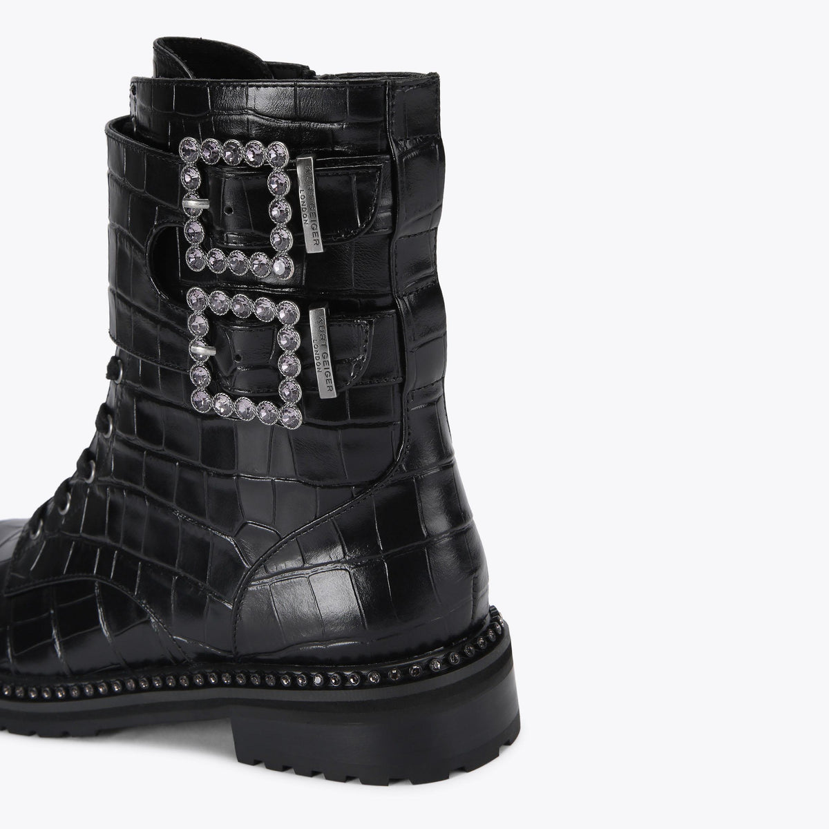 Brixton Buckle — Black Croc Print Ankle Boot, detail