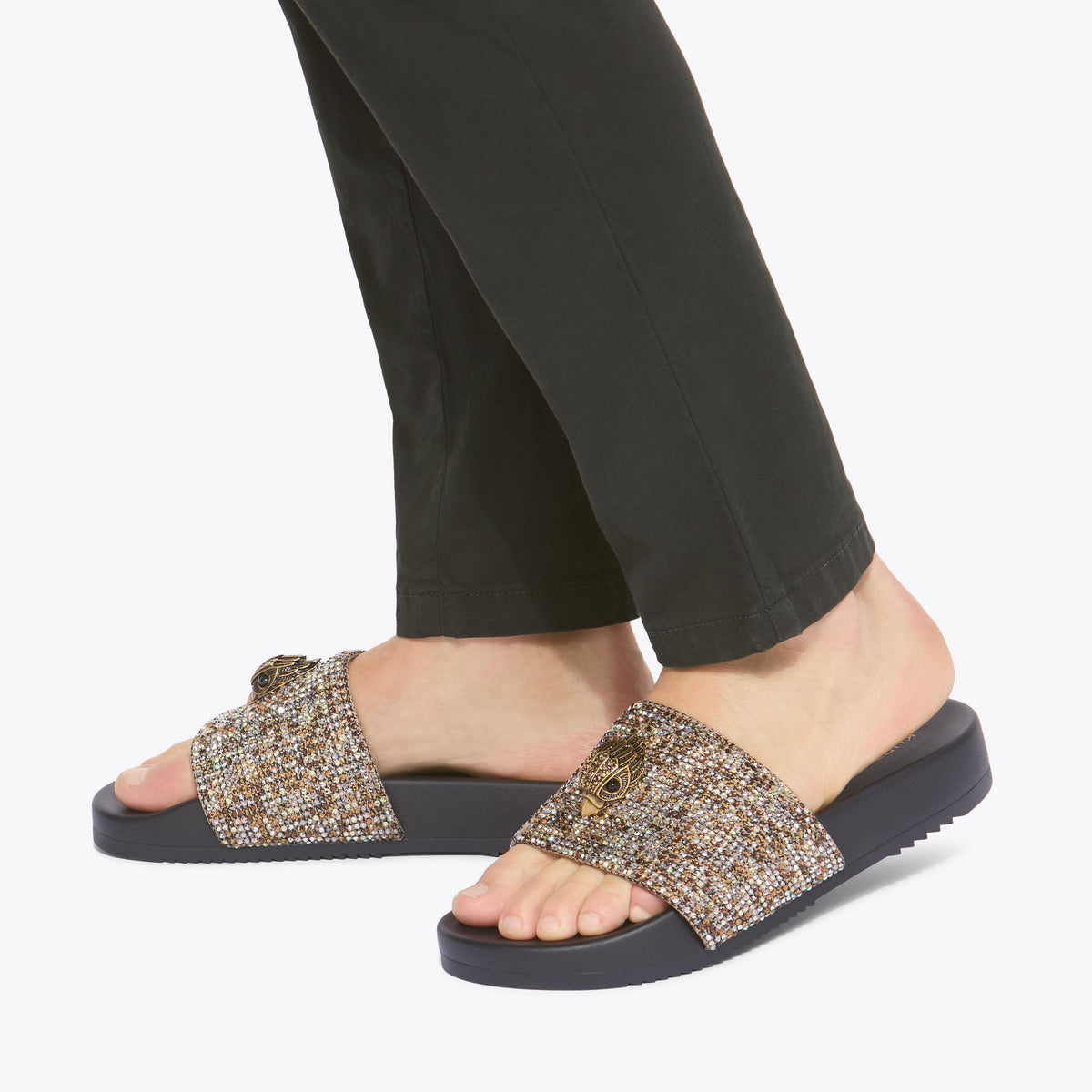 Brockwell — Beige Houndstooth Crystal Slide, worn on foot