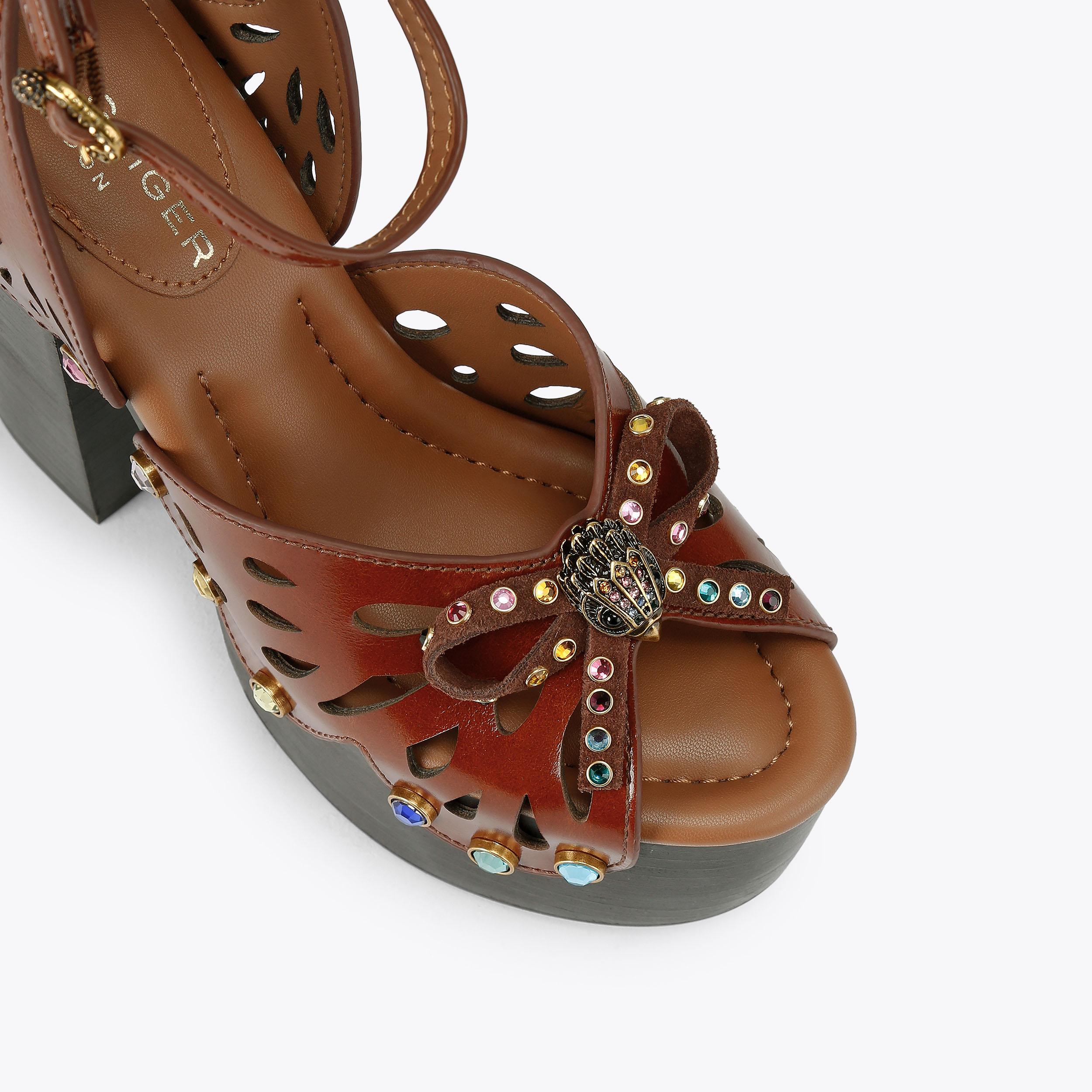 Butterfly Platform Heel — Dark Brown Leather Crystal Sandal, view 5