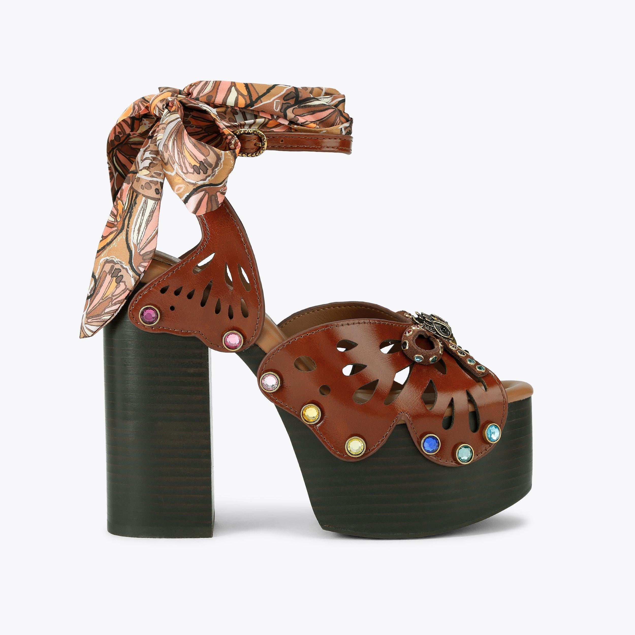 Butterfly Platform Heel — Dark Brown Leather Crystal Sandal, side profile