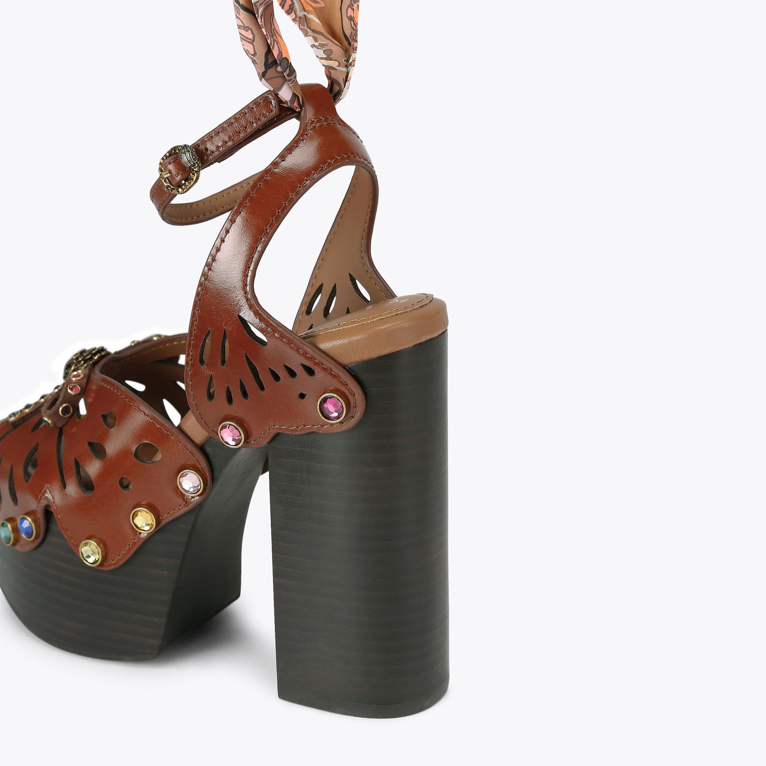 Butterfly Platform Heel — Dark Brown Leather Crystal Sandal, detail