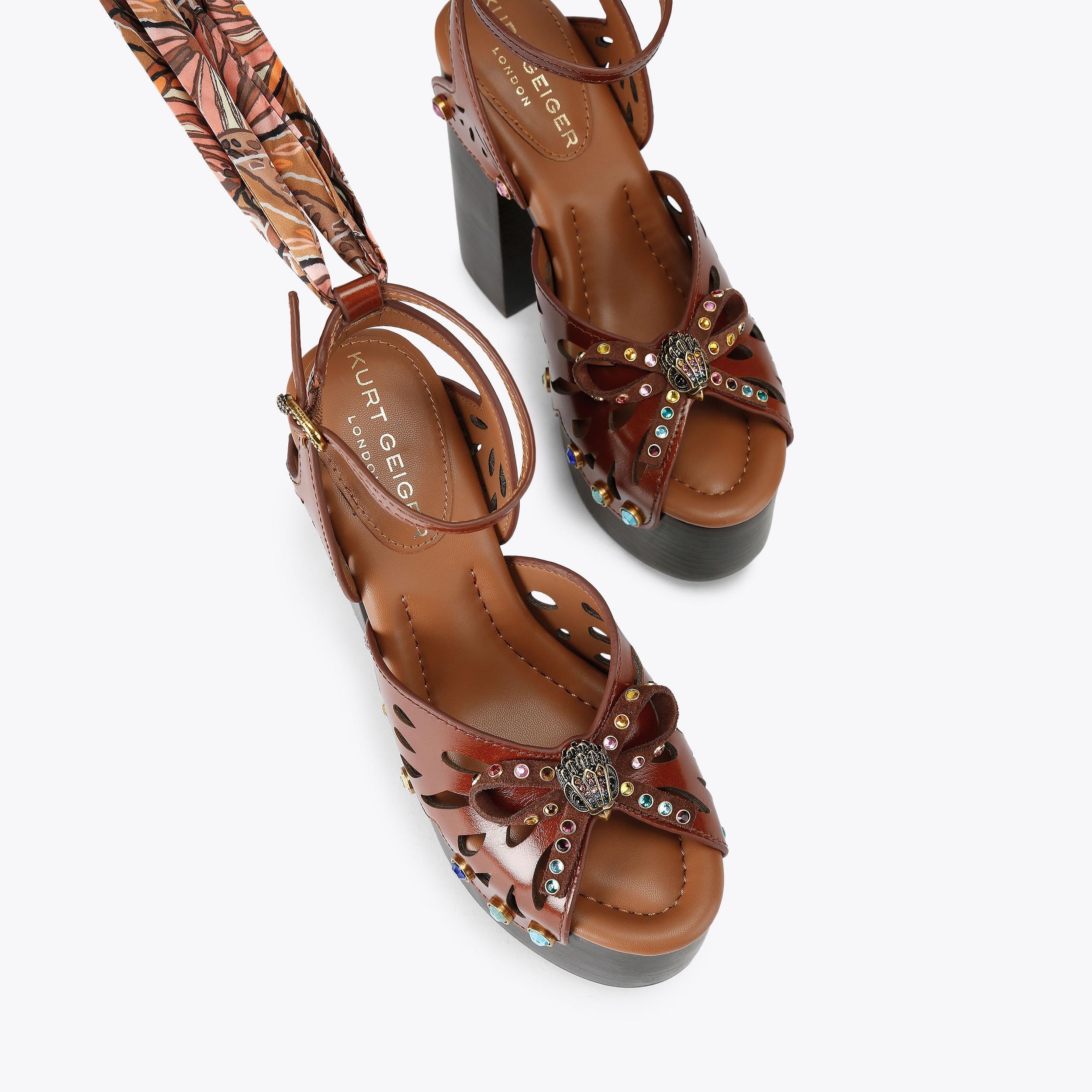 Butterfly Platform Heel — Dark Brown Leather Crystal Sandal, view 3