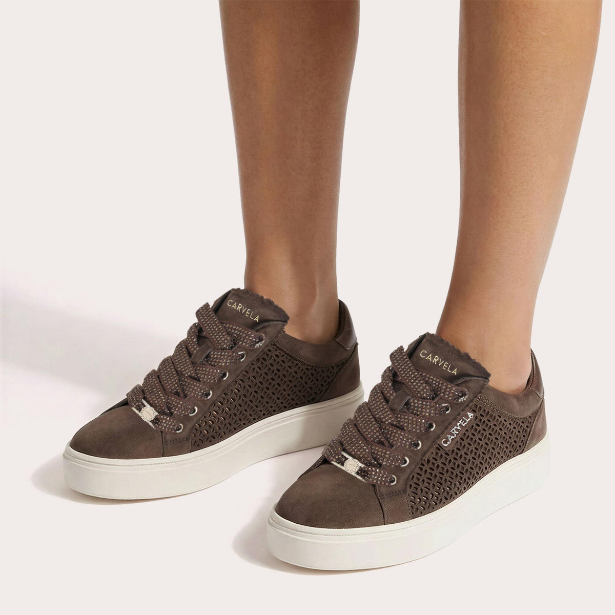 Caprese Laser Trainer — Brown Crystal-Lace Sneaker, worn on foot