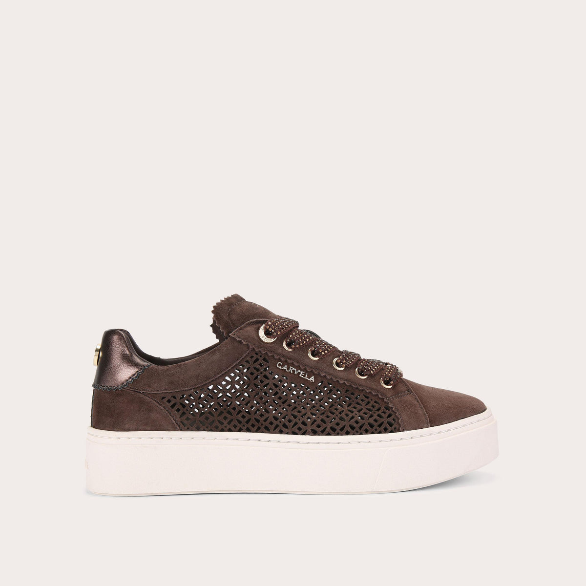 Caprese Laser Trainer — Brown Crystal-Lace Sneaker, side profile