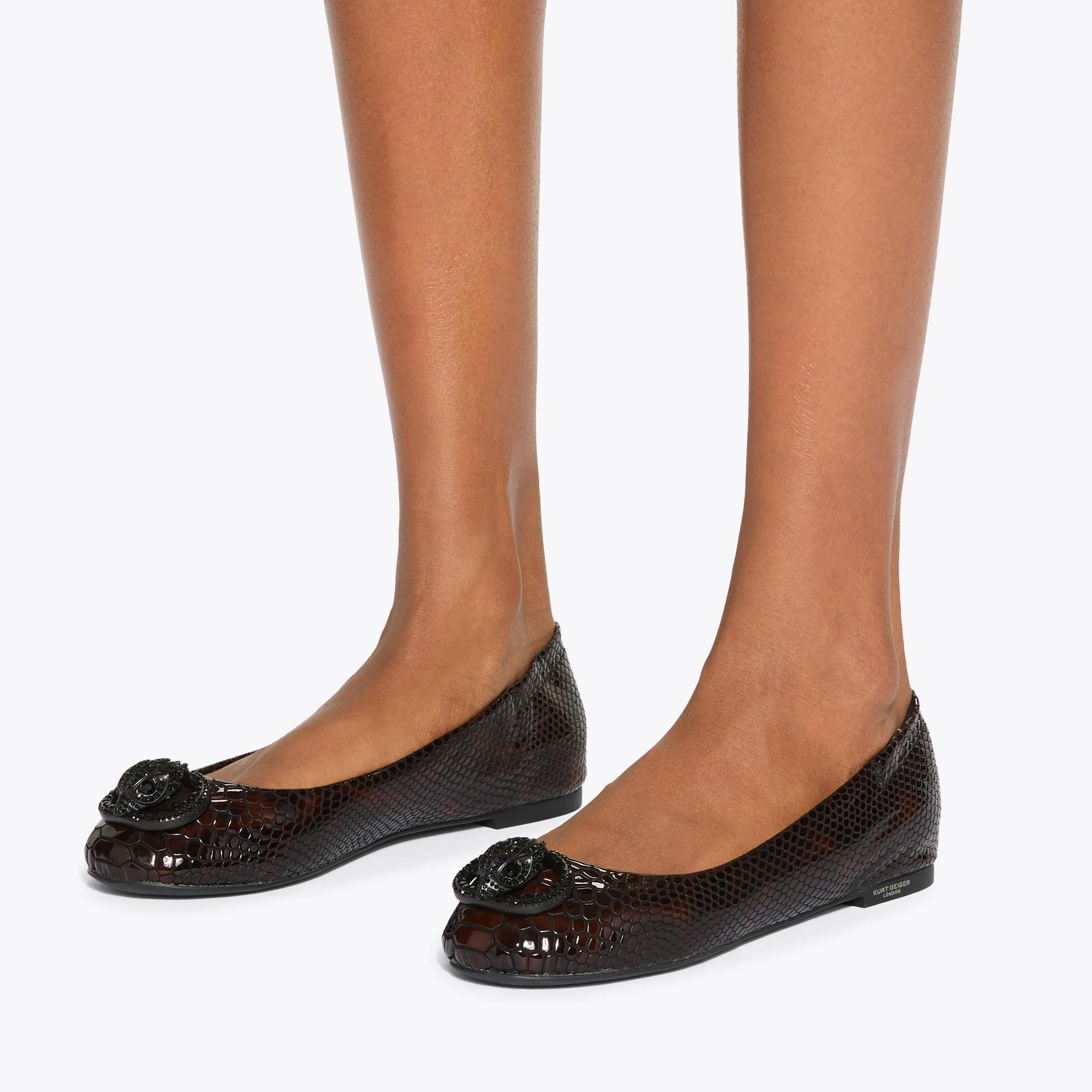 Chelsea Ballerina — Brown Snake Embossed Leather Flat, worn on foot