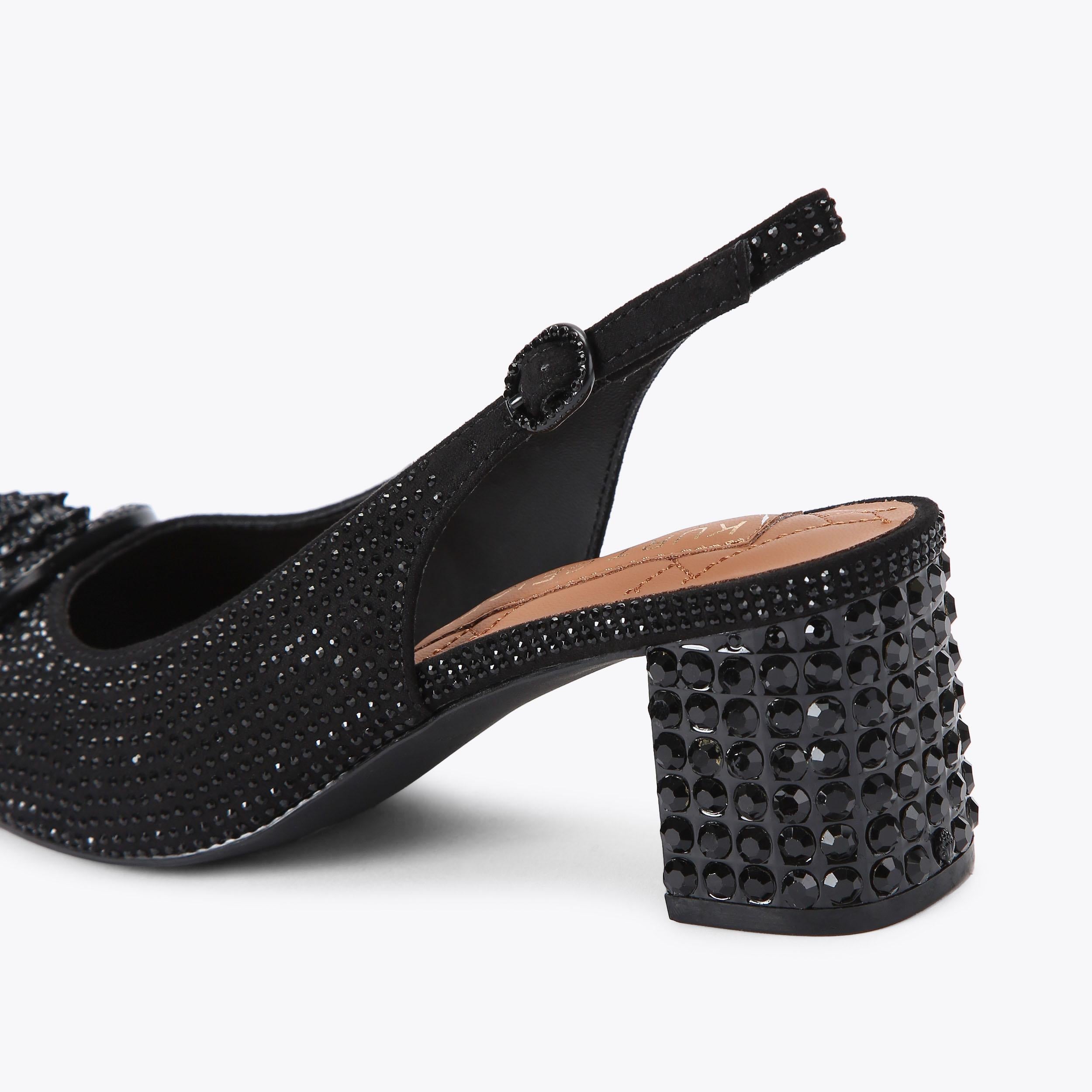 Chelsea Block Sling Drench — Black Crystal Slingback, detail
