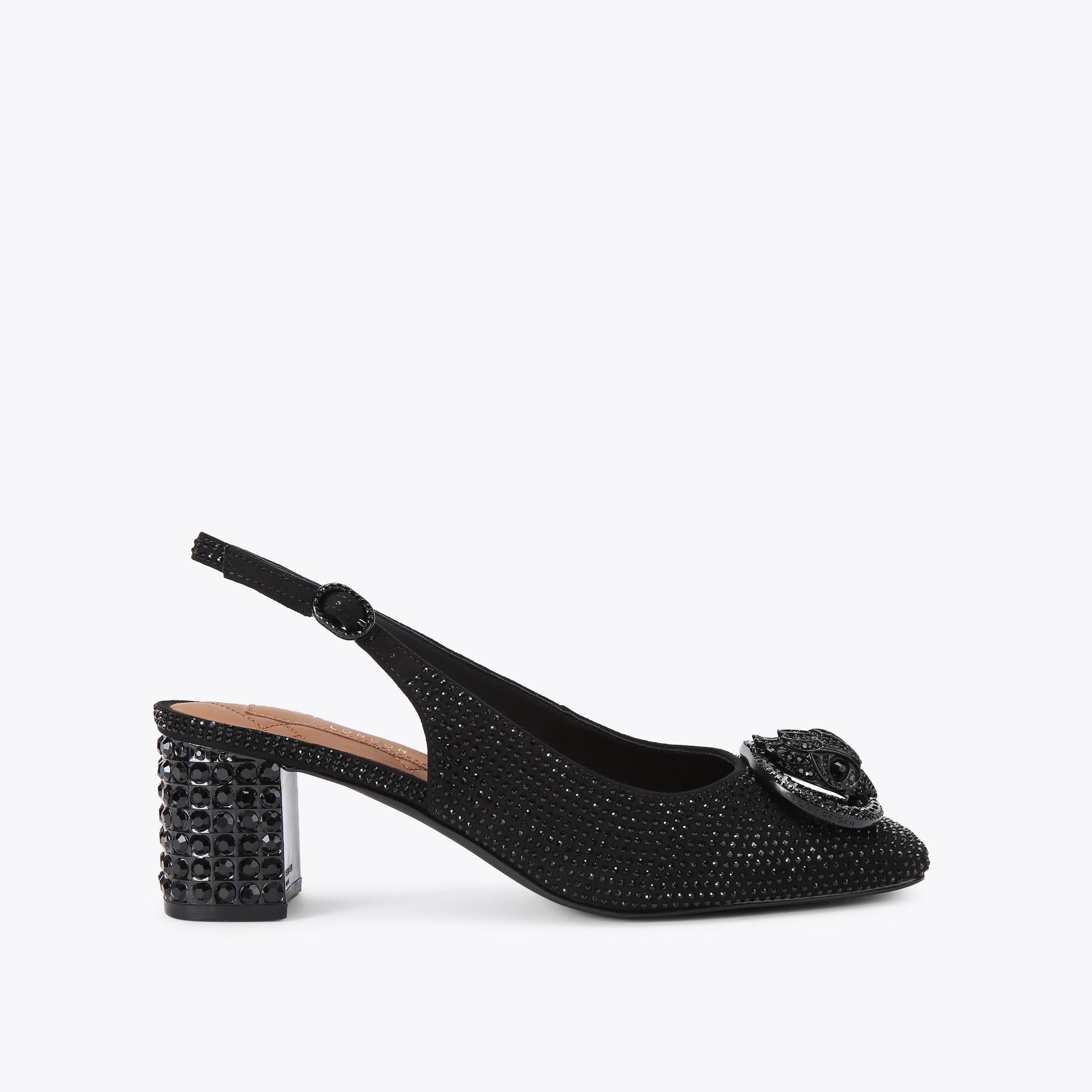 Chelsea Block Sling Drench — Black Crystal Slingback, side profile