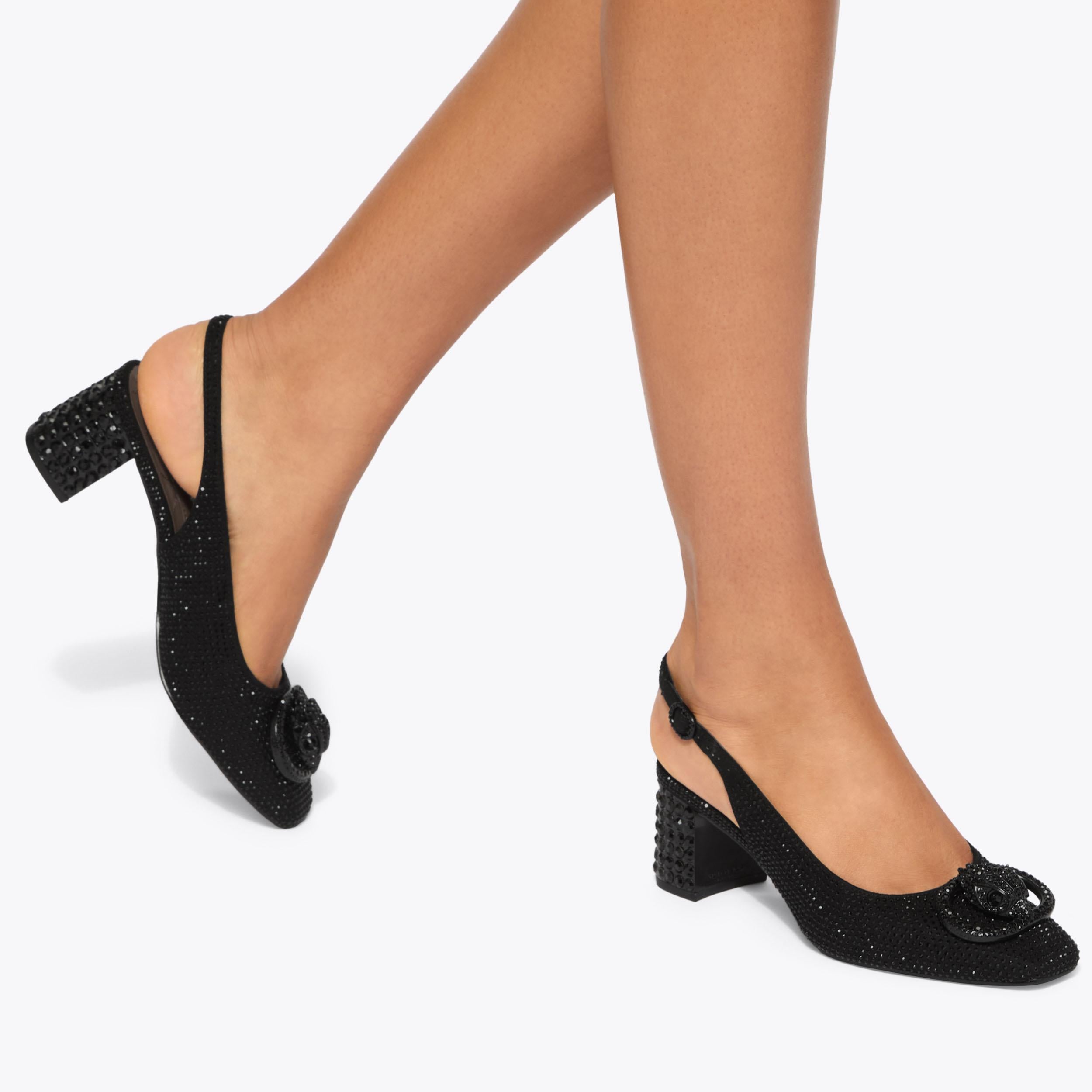 Chelsea Block Sling Drench — Black Crystal Slingback, worn on foot