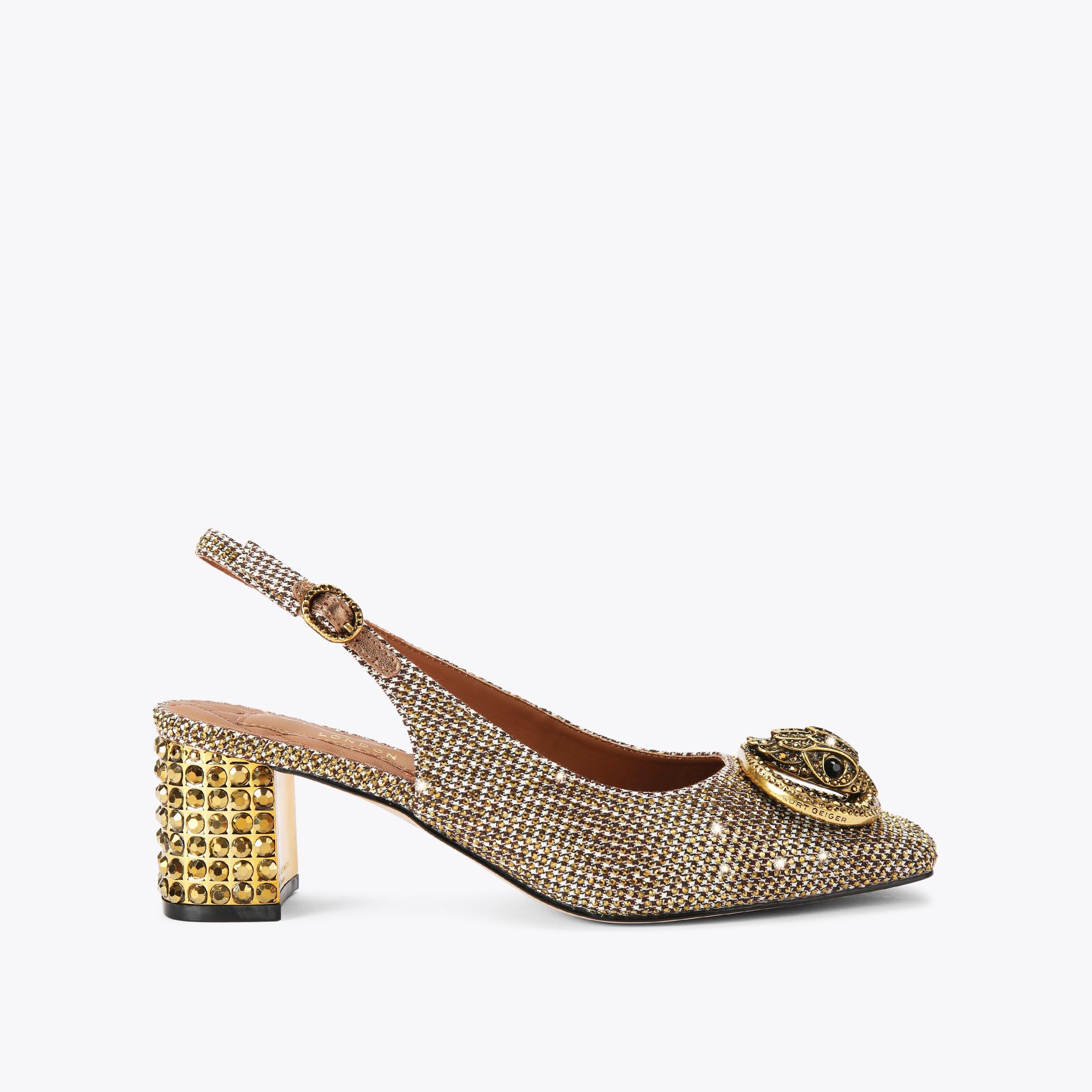 Chelsea Block Slingback — Beige Houndstooth Crystal Heel, side profile