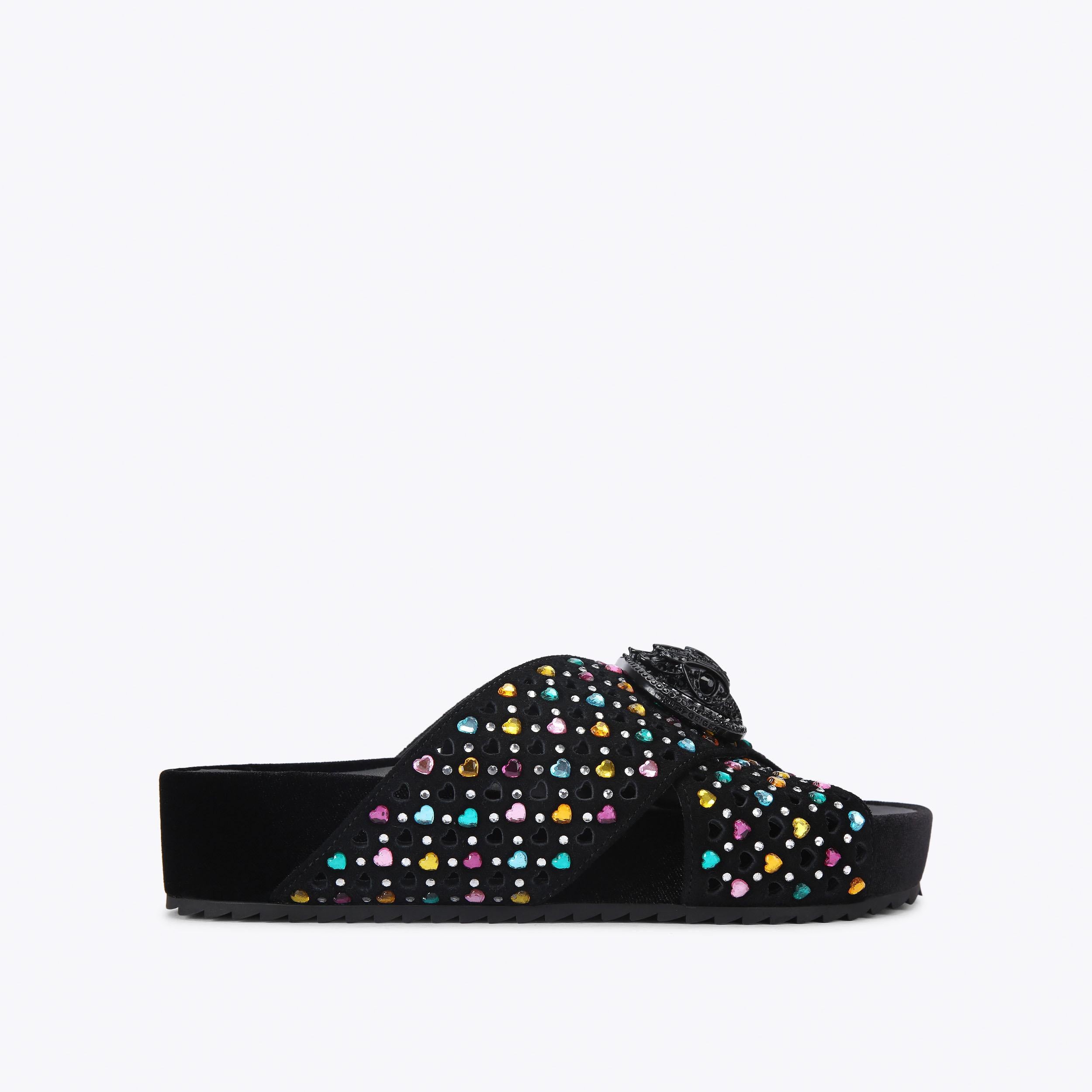 Chelsea Cross Strap — Black Combination Suede Sandal, side profile