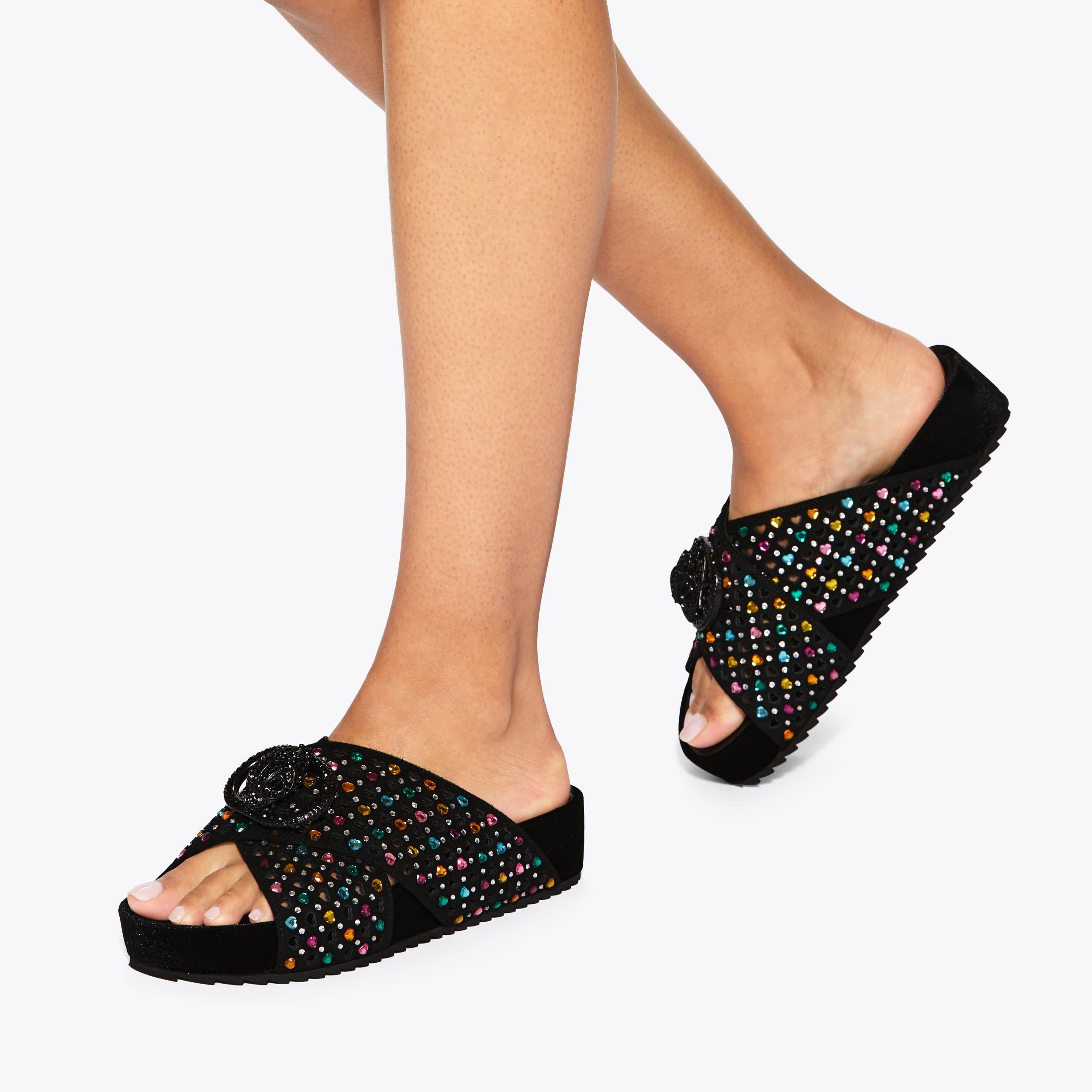Chelsea Cross Strap — Black Combination Suede Sandal, worn on foot