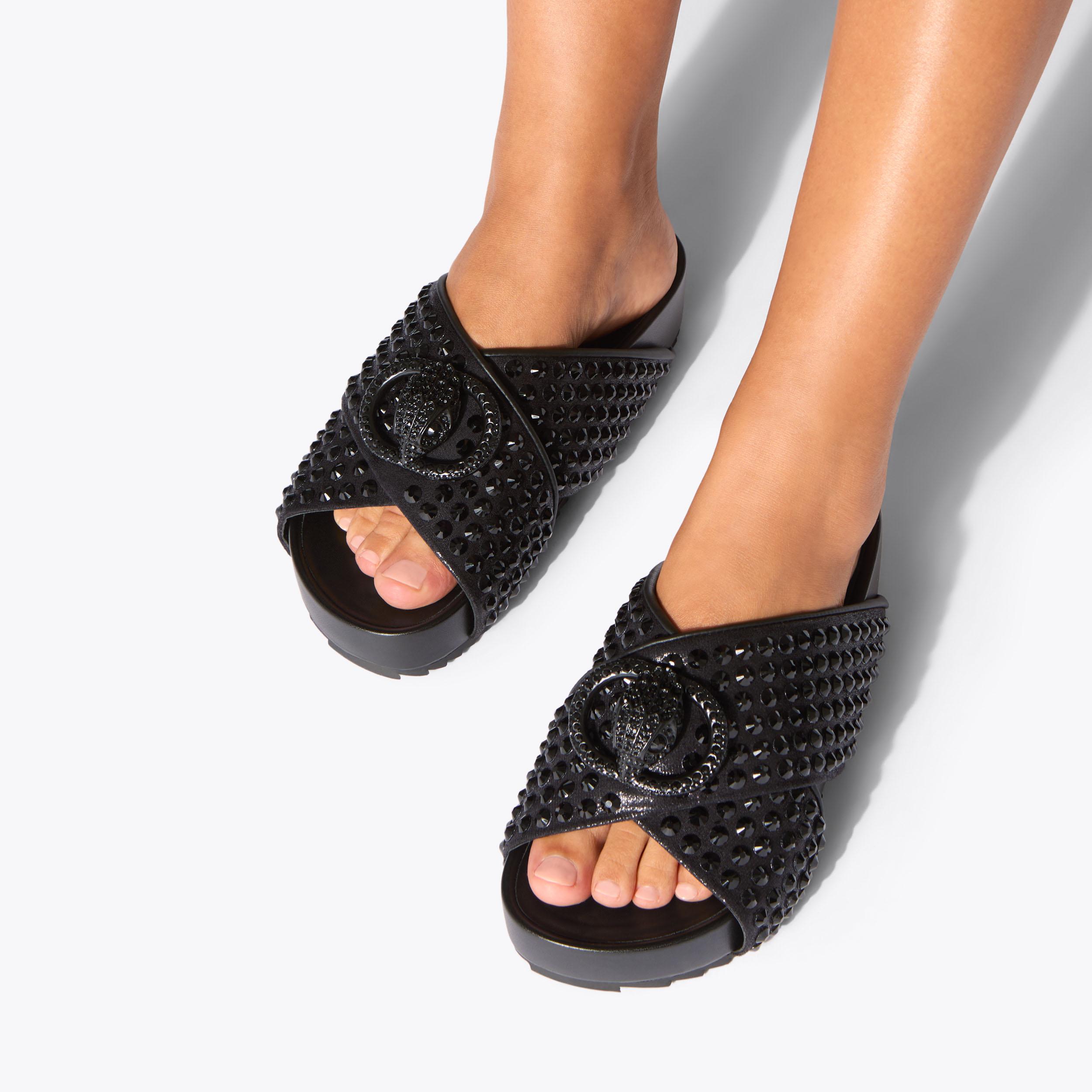 Chelsea Drench Cross Strap — Black Crystal Sandal, worn on foot