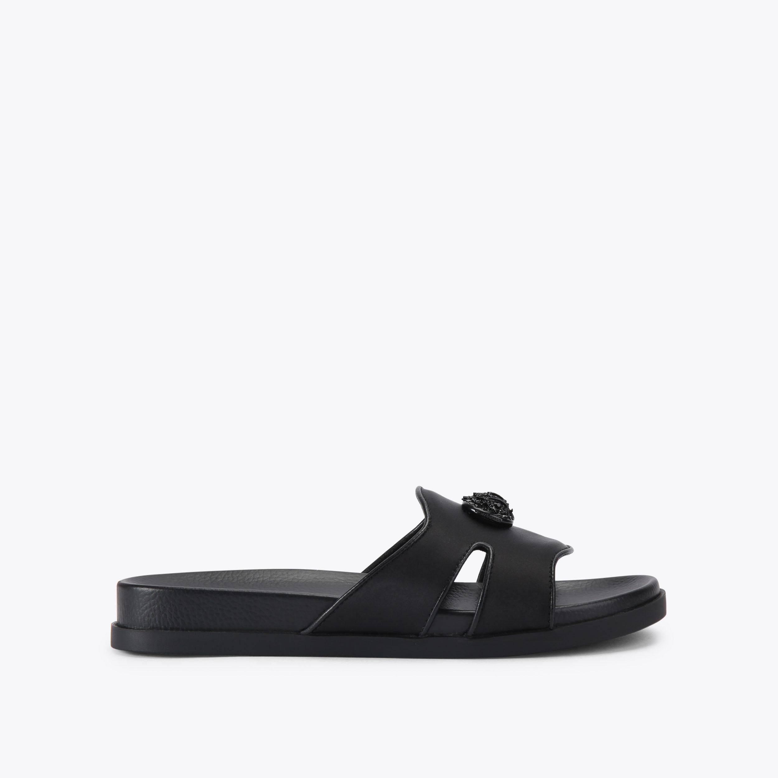 Chelsea Cut Out Slide — Black Fabric Sandal, side profile