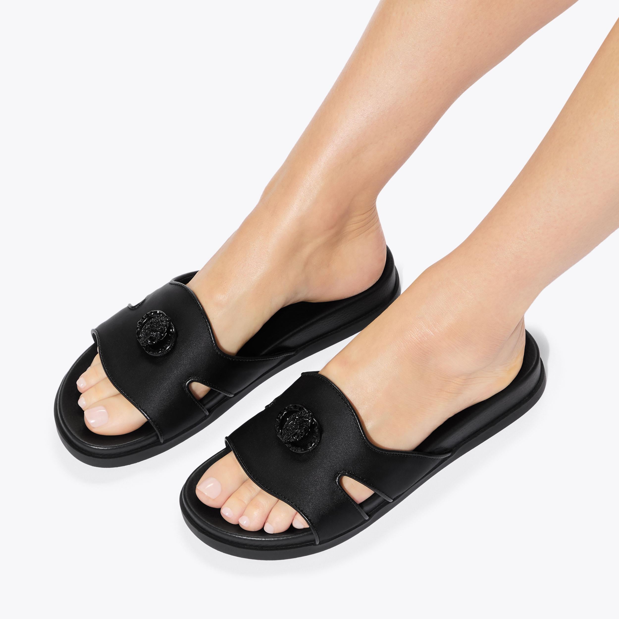 Chelsea Cut Out Slide — Black Fabric Sandal, worn on foot