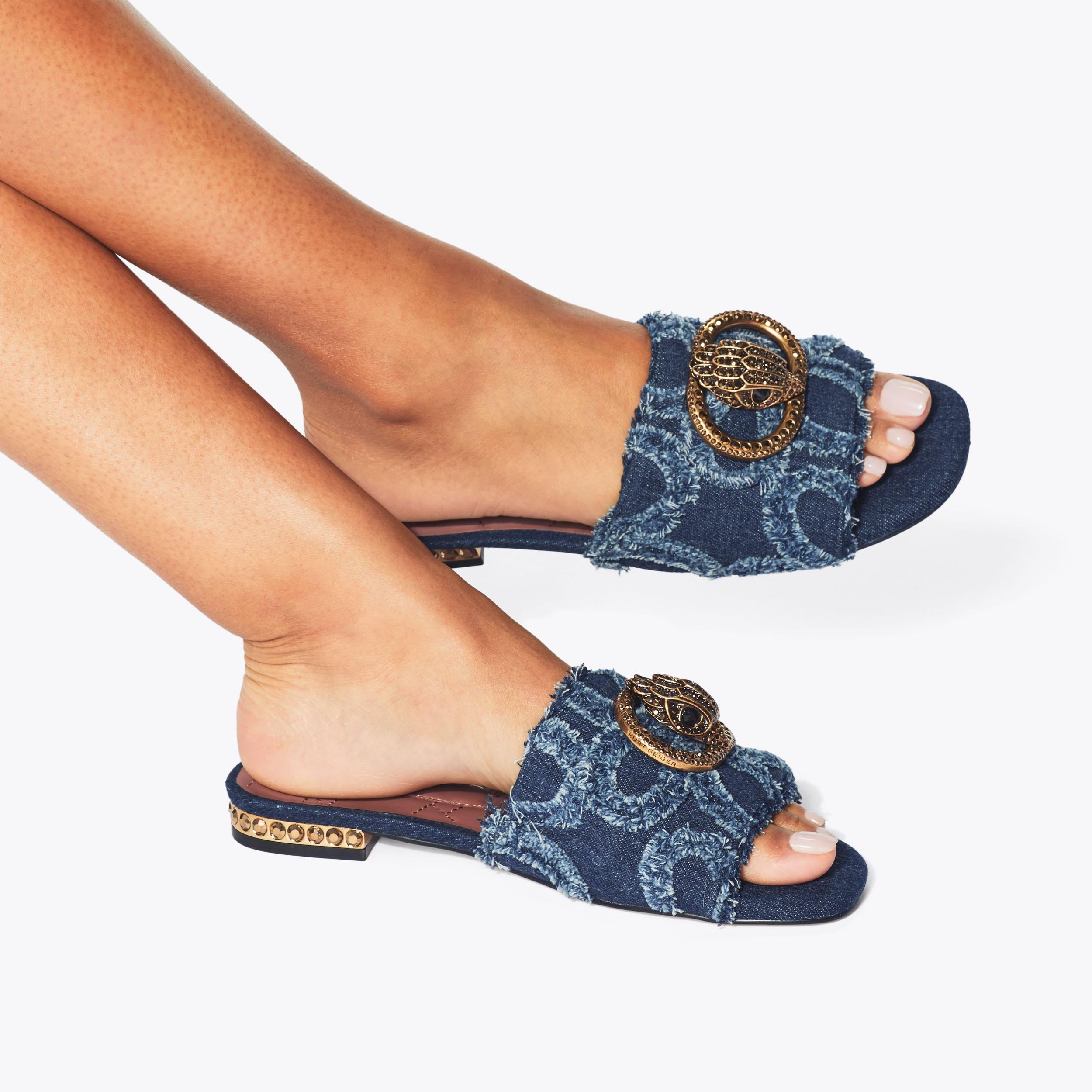 Chelsea Flat Sandal — Blue Pale Combination Denim Slide, worn on foot