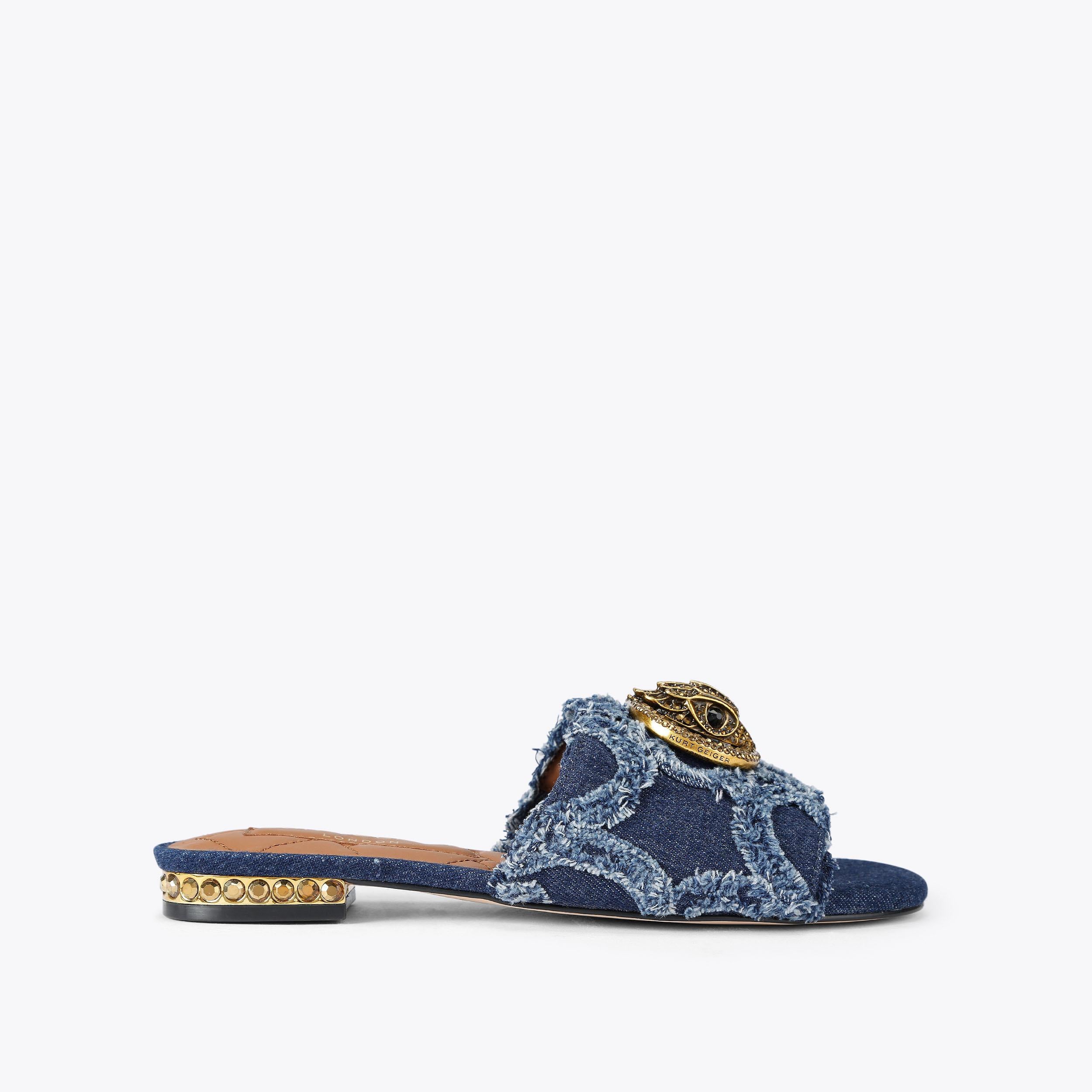 Chelsea Flat Sandal — Blue Pale Combination Denim Slide, side profile