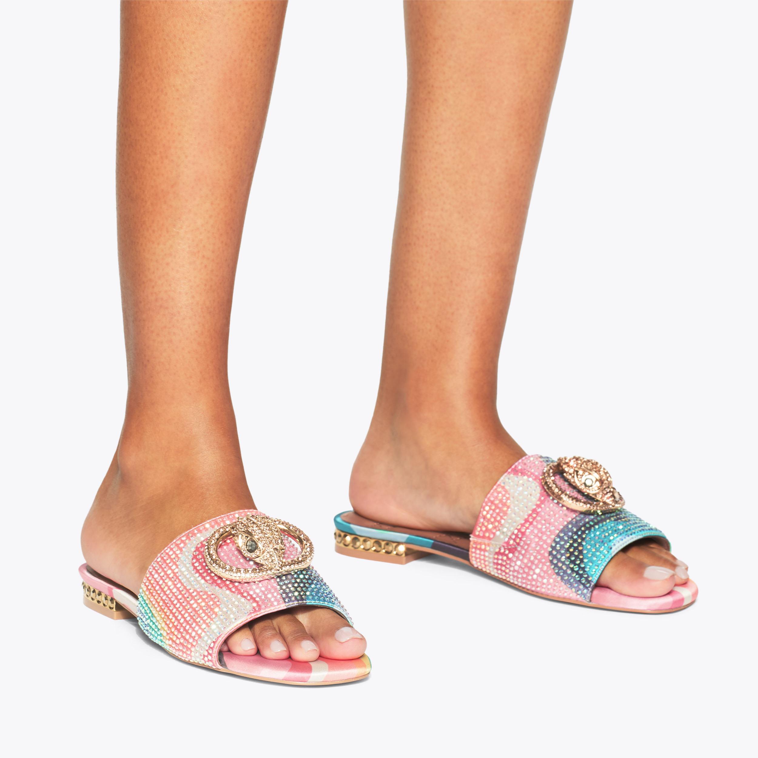 Chelsea Flat Sandal — Multicolour Crystal Slide, worn on foot