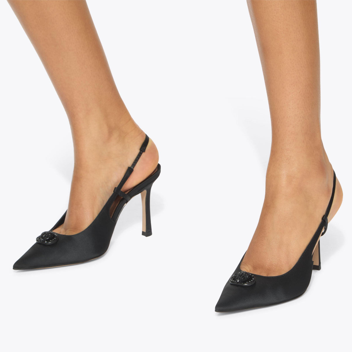 Chelsea Point Slingback — Black Fabric Heel, worn on foot