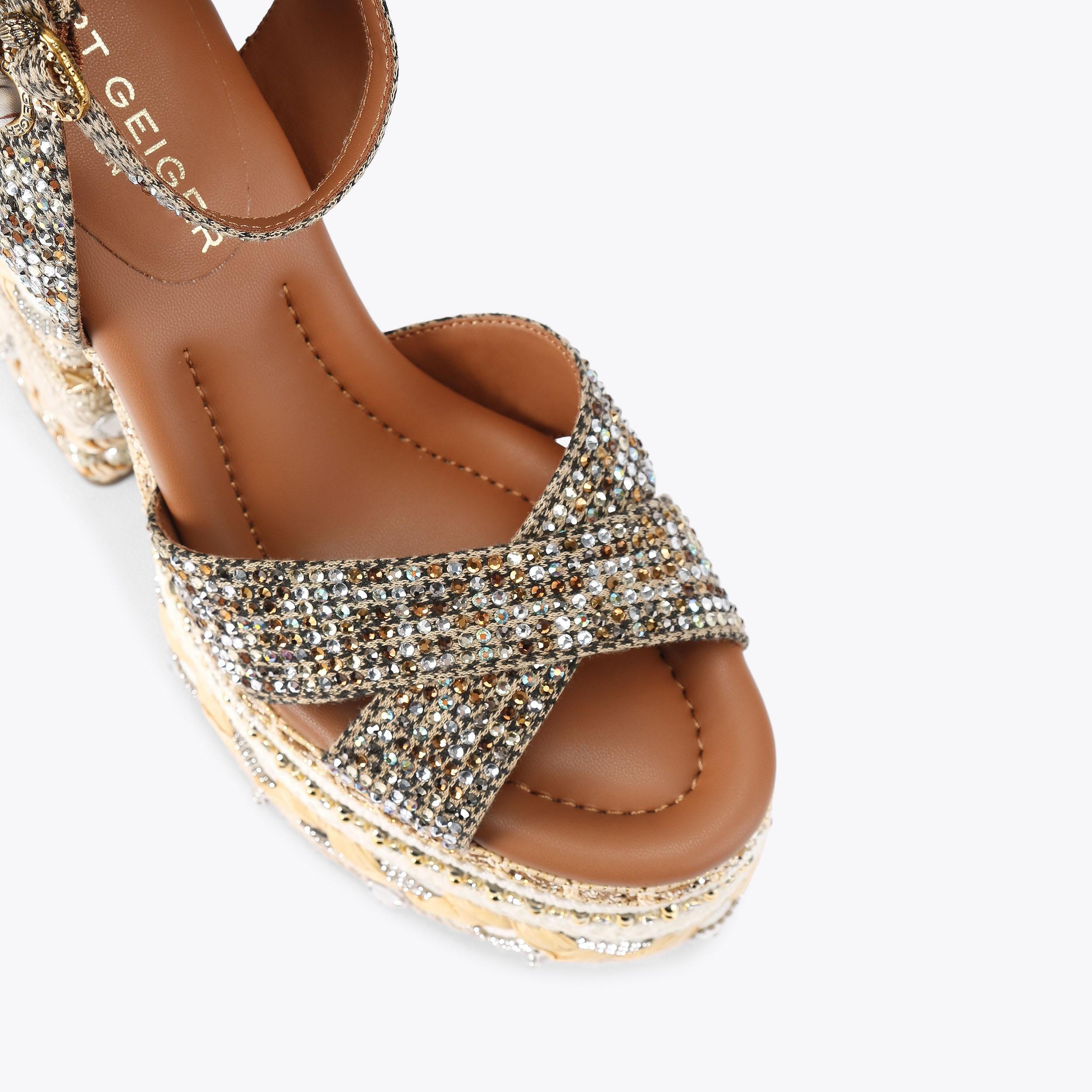 Chelsea Scarf Platform — Beige Houndstooth Crystal Sandal, view 5