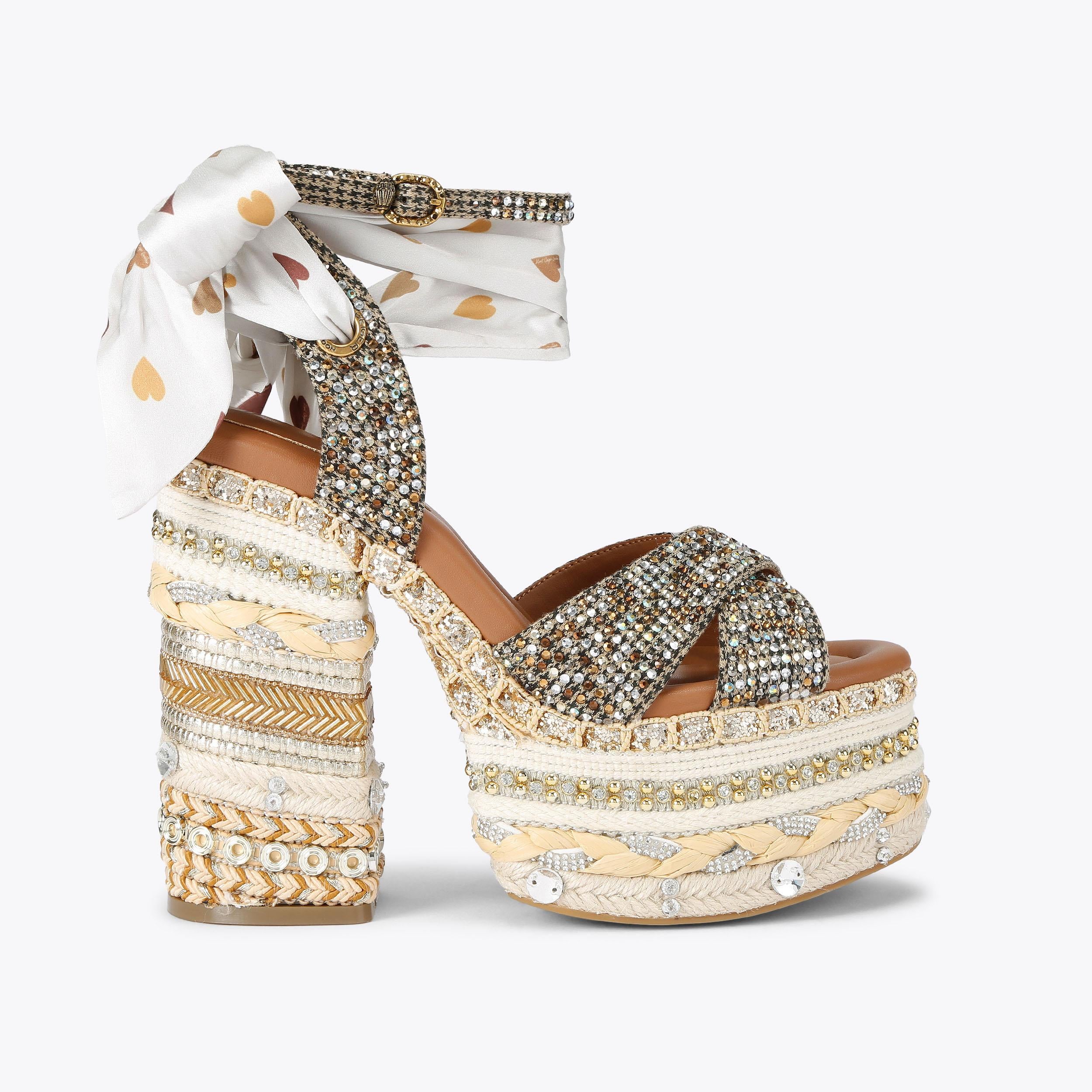 Chelsea Scarf Platform — Beige Houndstooth Crystal Sandal, side profile