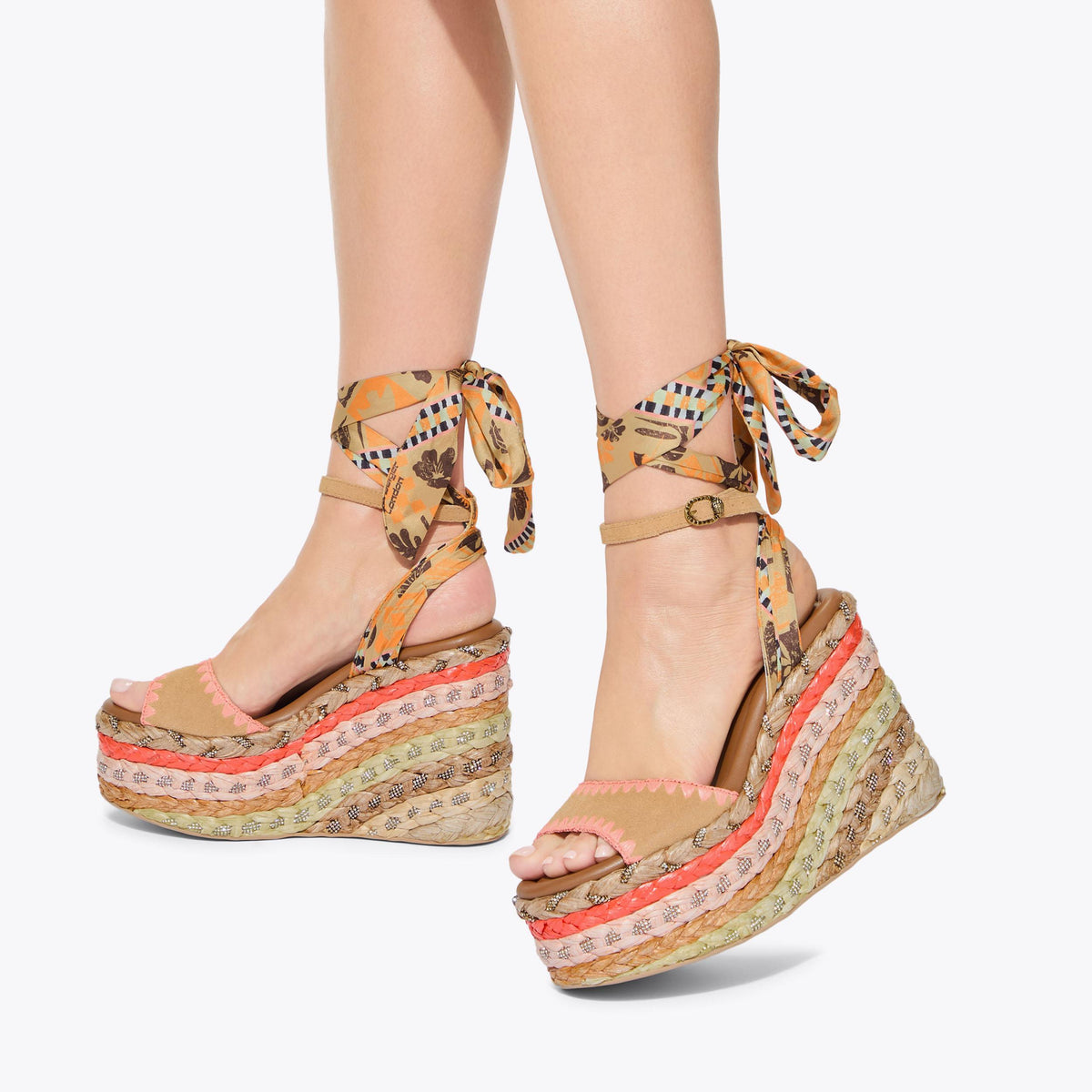 Chelsea Scarf Wedge — Mustard Suede Wedge Sandal, worn on foot