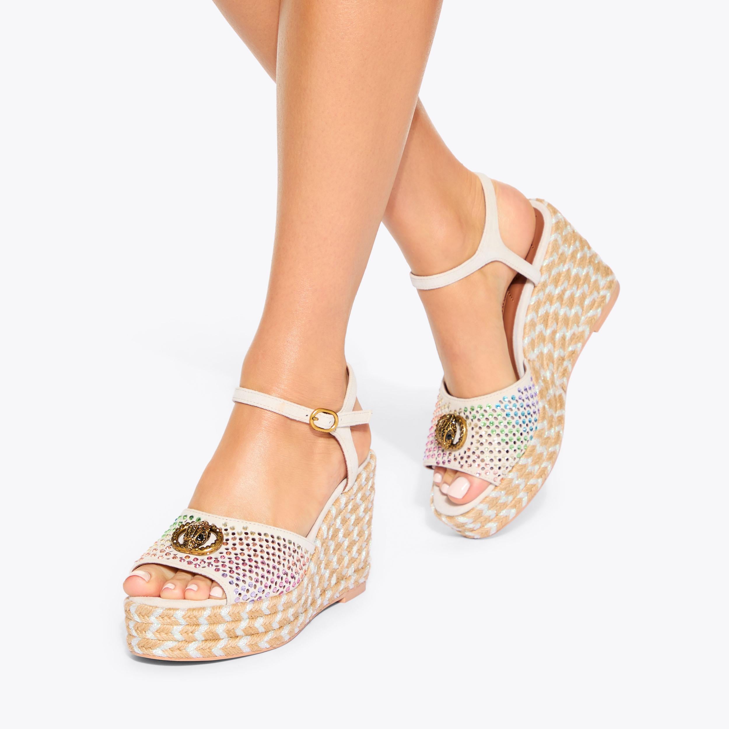 Chelsea Wedge — Bone Suede Crystal Sandal, worn on foot
