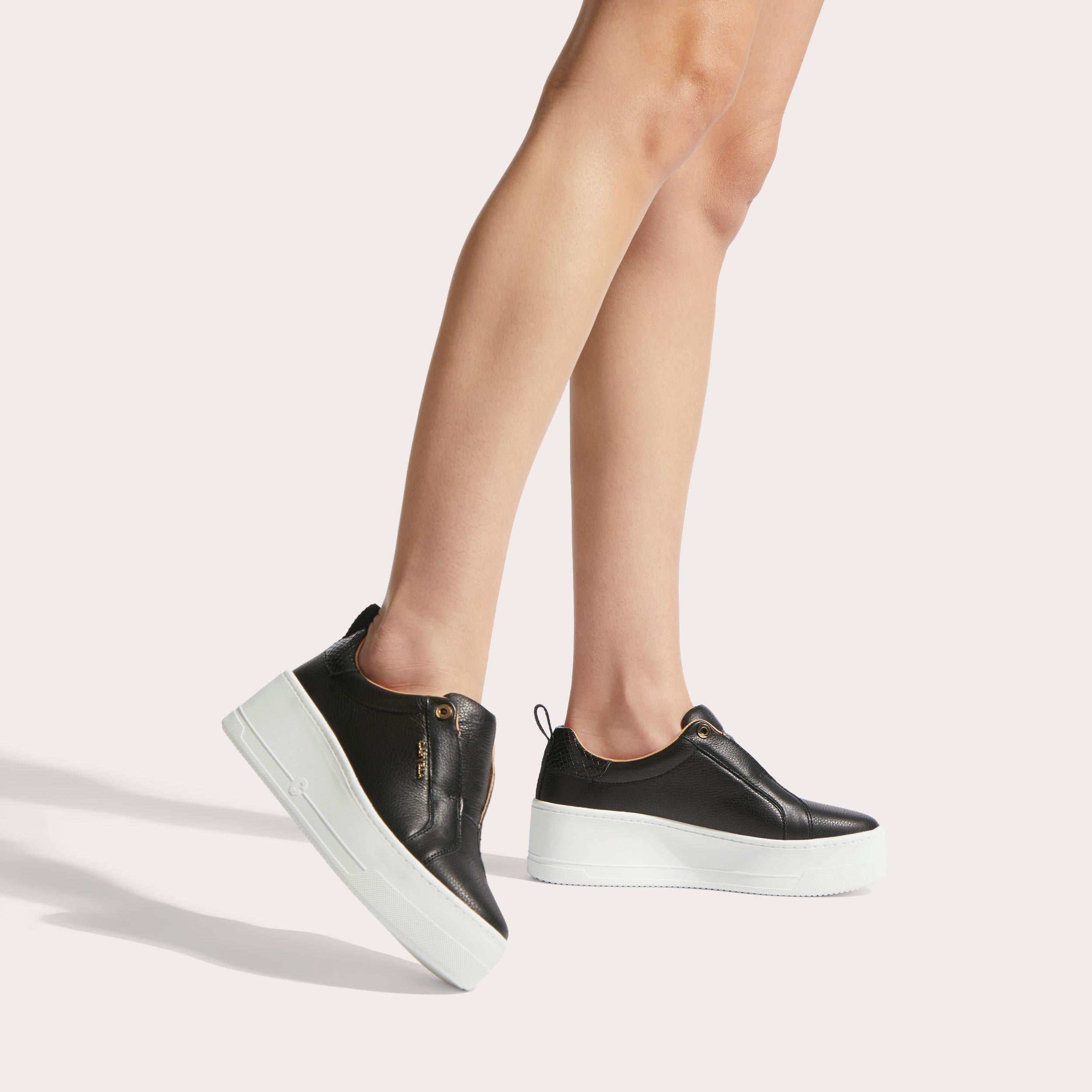 Connected Laceless — Black Leather Trainer, worn on foot