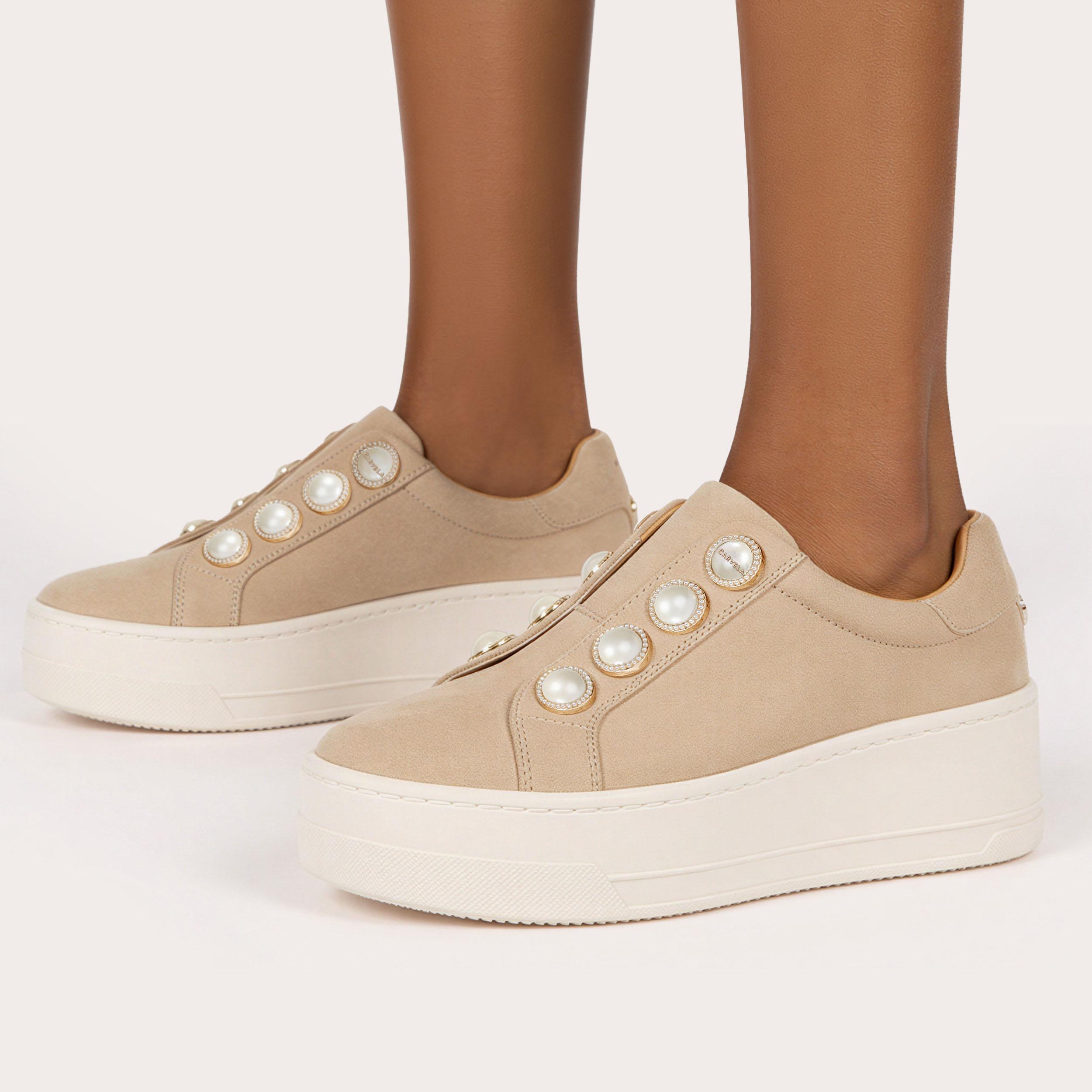 Connected Laceless — Beige Suede Trainer, worn on foot