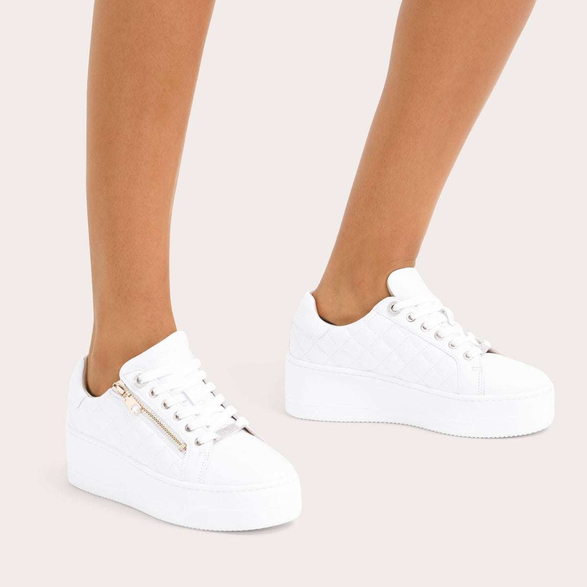 Connected Zip — White Leather Trainer, worn on foot