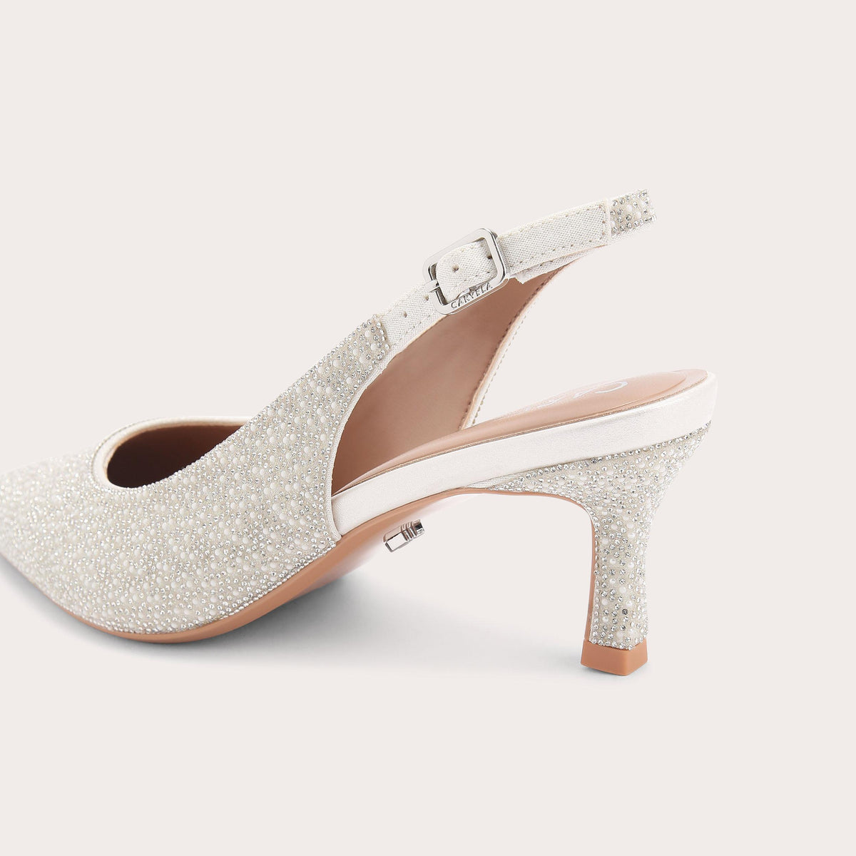 Corletta Sling Back Low Heel — White Pearl and Crystal Court, detail