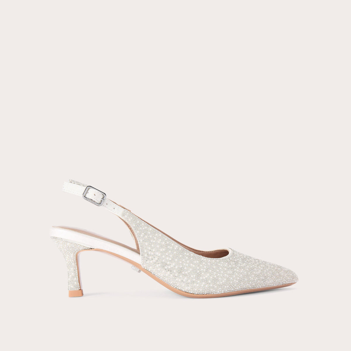 Corletta Sling Back Low Heel — White Pearl and Crystal Court, side profile