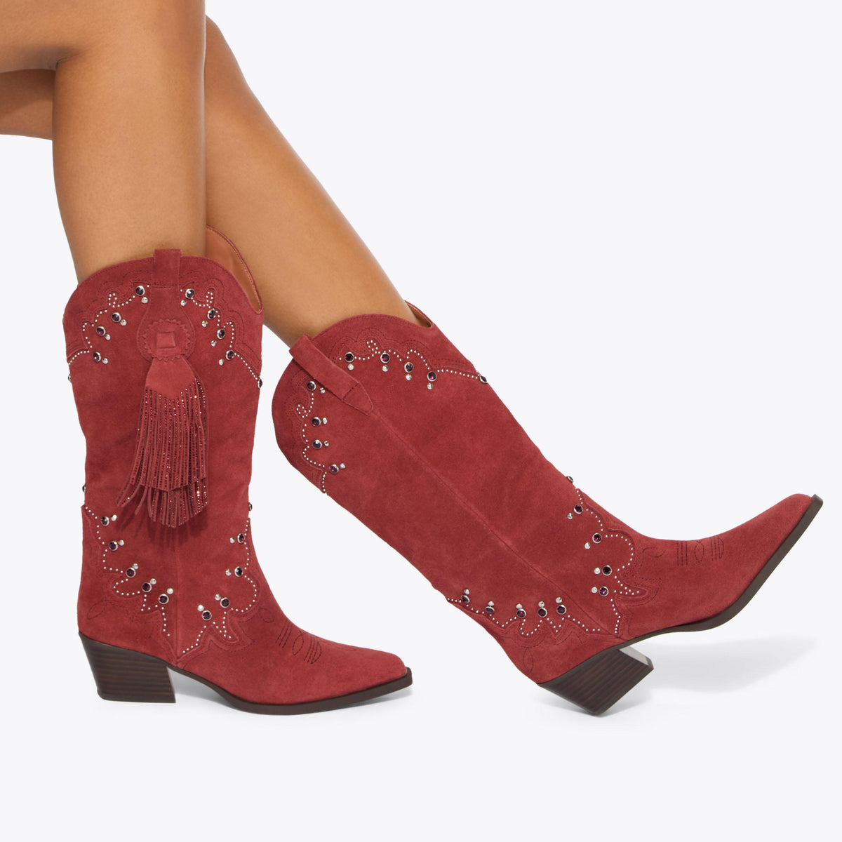 Oxford Western Tassel Boot — Wine Suede Cowboy Boot, worn on foot