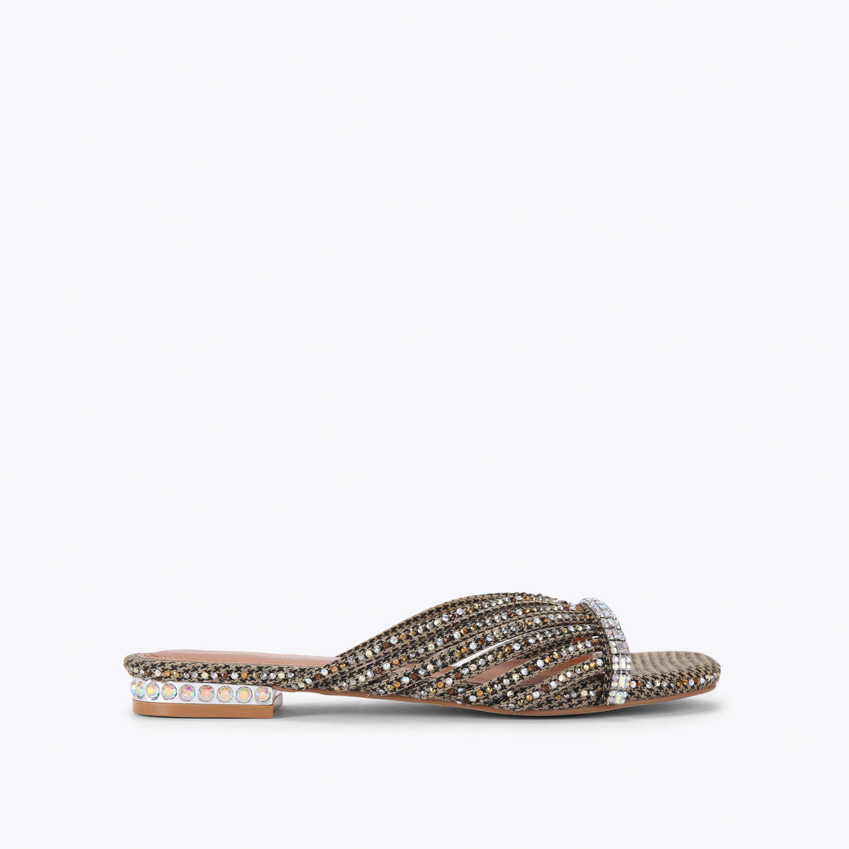 Crystal Strap Flat Mule — Brown Houndstooth Crystal Mule, side profile